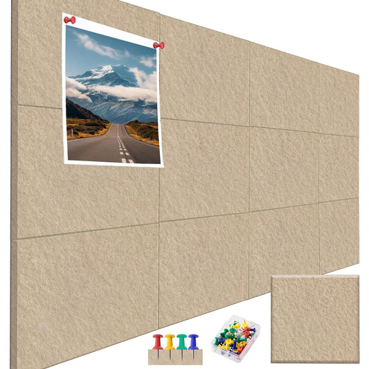 HWQBany Cork Board 48" X 36" - 12 Pack Felt Wall Tiles with Colored 30 Pcs Push pins, Light Tan Felt Bulletin Board, Tack Boar, Cork Boards for Walls Office Home