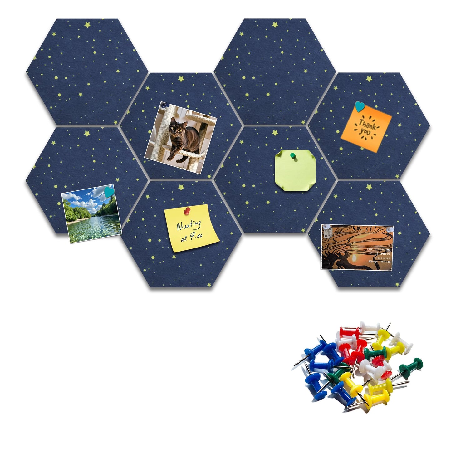 Hexagon Felt Bulletin Board Tiles, 8 Pcs, 8.7 x 7.5 inches, with 20 Pushpins, for Easy Display of Photos Pictures Memos Notices, Felt Wall Tiles for Office Home Classroom (Starry Navy)