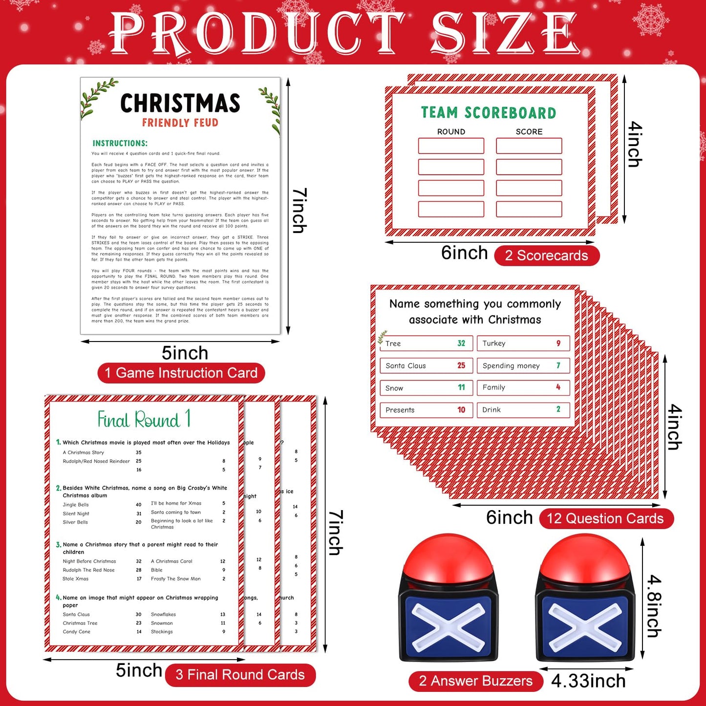 Syhood Christmas Friendly Feud Card Game with 2 Answer Buzzers, Fun Xmas Family Trivia Quiz Party Game Night Activities for Adults, Office, Large Group and Team Building
