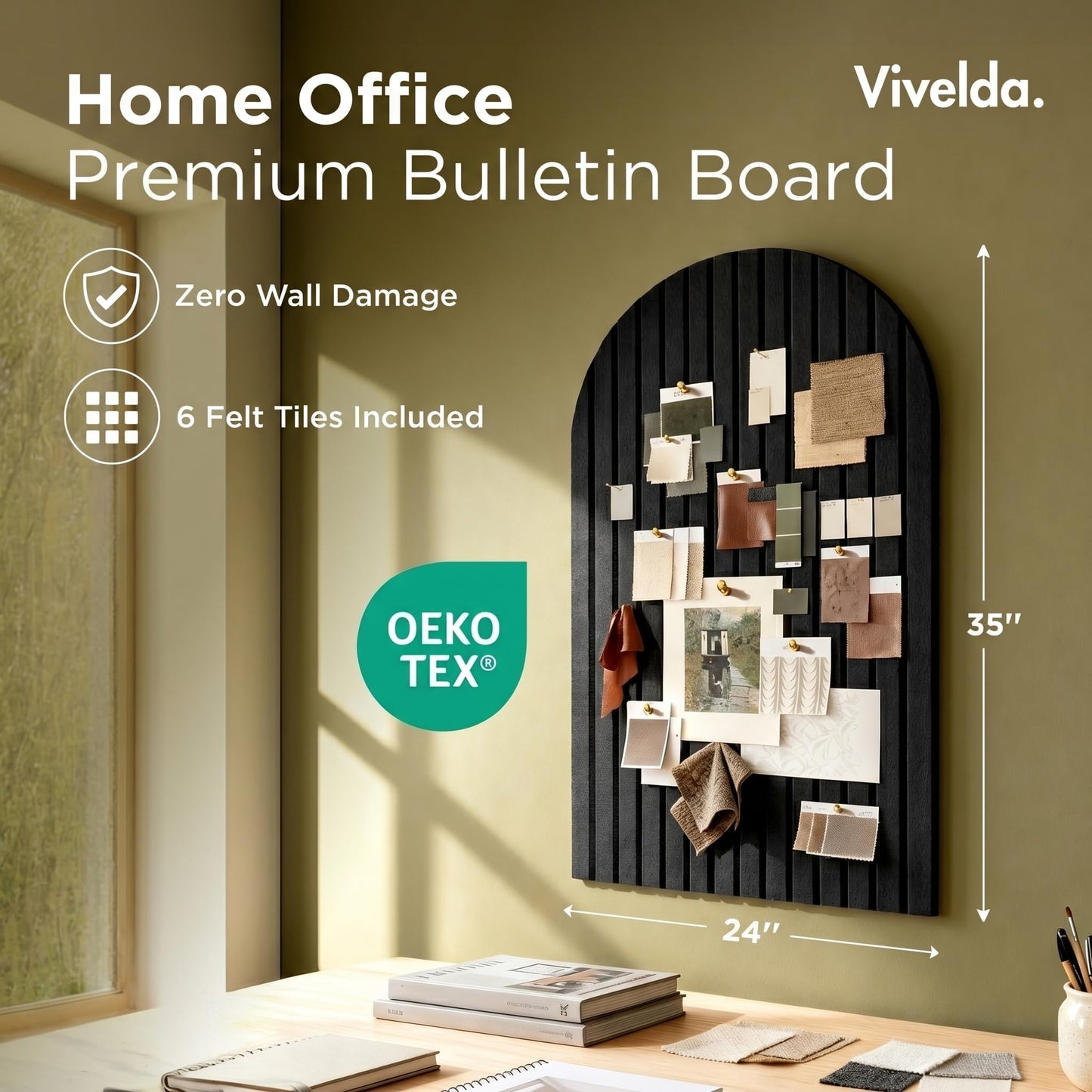 VIVELDA Large Felt Bulletin Board Arched 35" x 24" - Cork Board Alternative for Wall, 6 Felt Tiles with 32 Adhesive Tabs, Stylish Pin Board for Home Office, Bedroom & Classroom (Black)