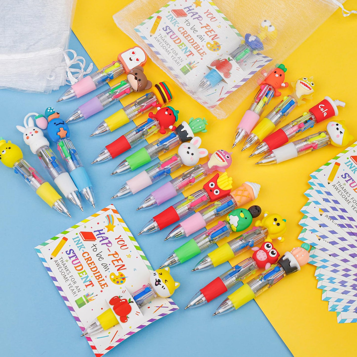 CZWZ 30 Set Cute Multicolor Pens in One 4-in-1 Fun Pens Bulk with 30 Gift Cards for Kindergarten Party End of Year Student Gift Bulk Office School Exchange Gifts