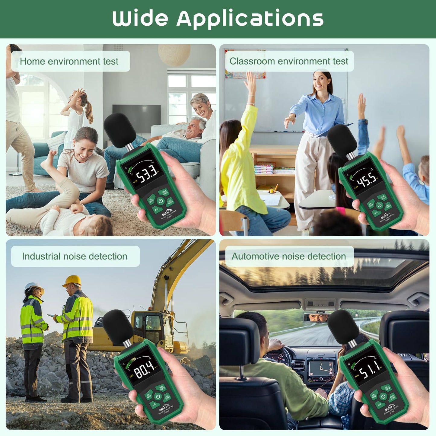 SQECH Decibel Meter, Digital Sound Level Meter with LCD Color Screen,Portable SPL Meter Range 30-130dB with A/C Weighted,MAX/MIN,Data Hold,dB/SONE Unit,FAST/SLOW Response,for Home/Office/Factories
