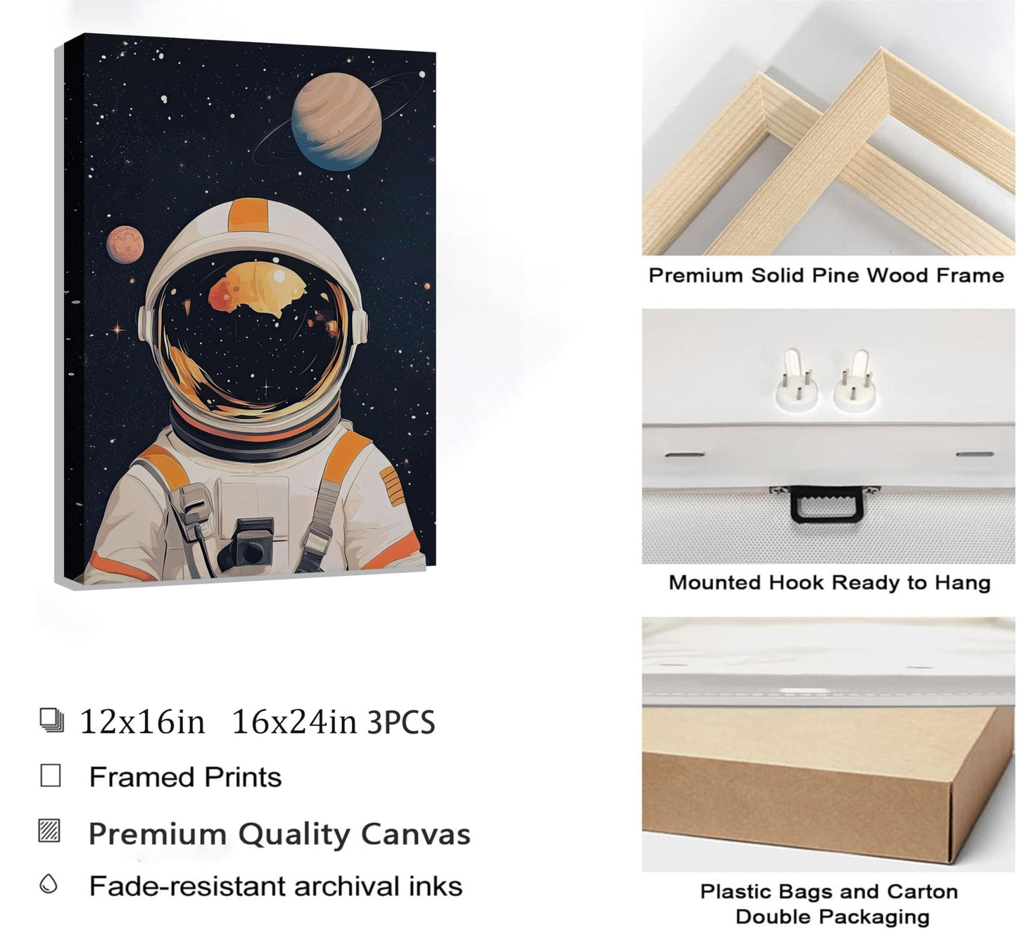 3Pcs Space Astronaut Canvas Wall art Cute Astronaut Nursery Galaxy Posters Modern Space Themed Print Rocket Pictures Toddler Boy Room Wall Decor for Adventure Kids Bedroom Nursery Room Framed