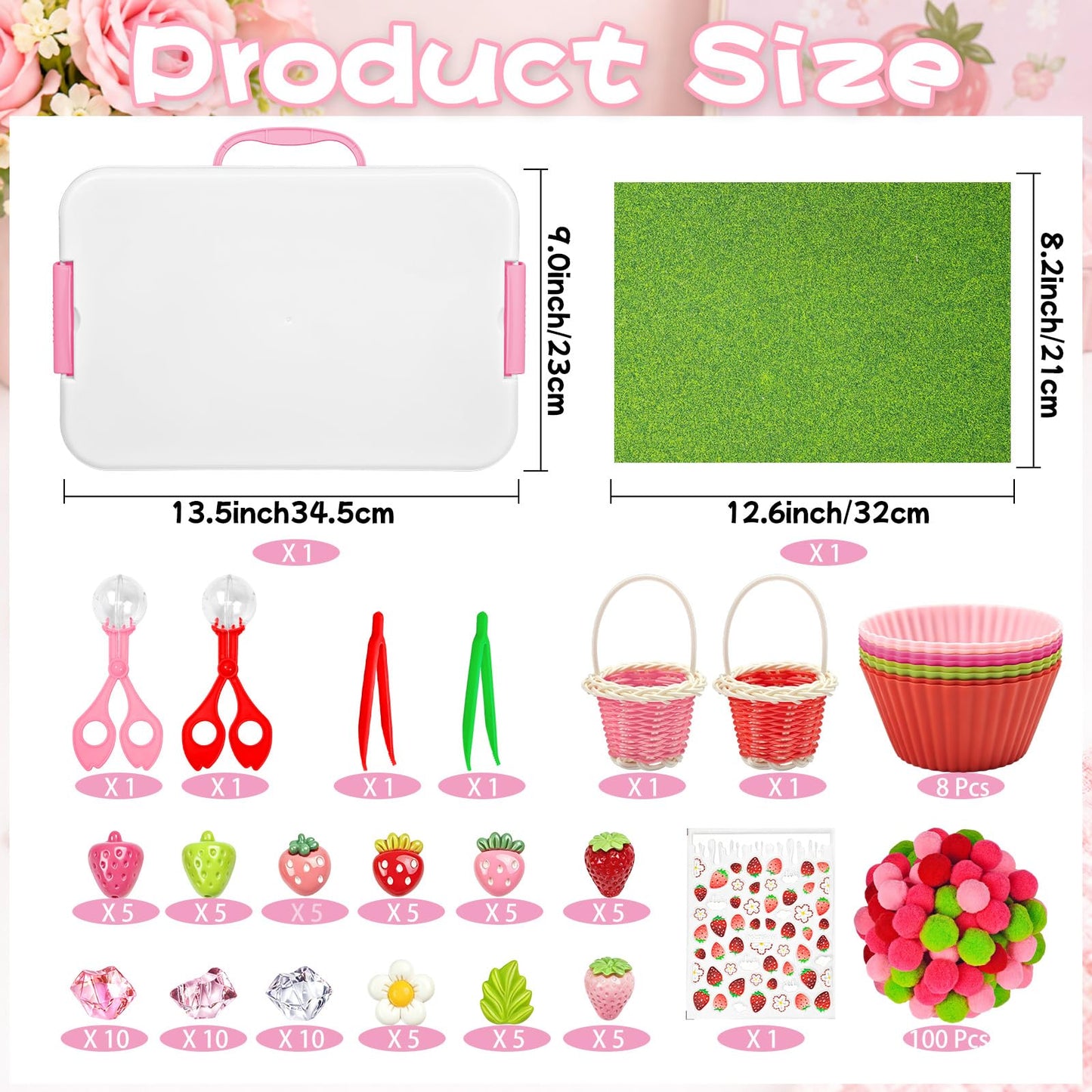Cinrobiye 192 Pcs Strawberry Theme Activity Fillers Set with Storage Box, Summer Fruit Accessories, Artificial Grass Mat, Flowers, Pompoms and Decorative Materials for Classroom Home Activities