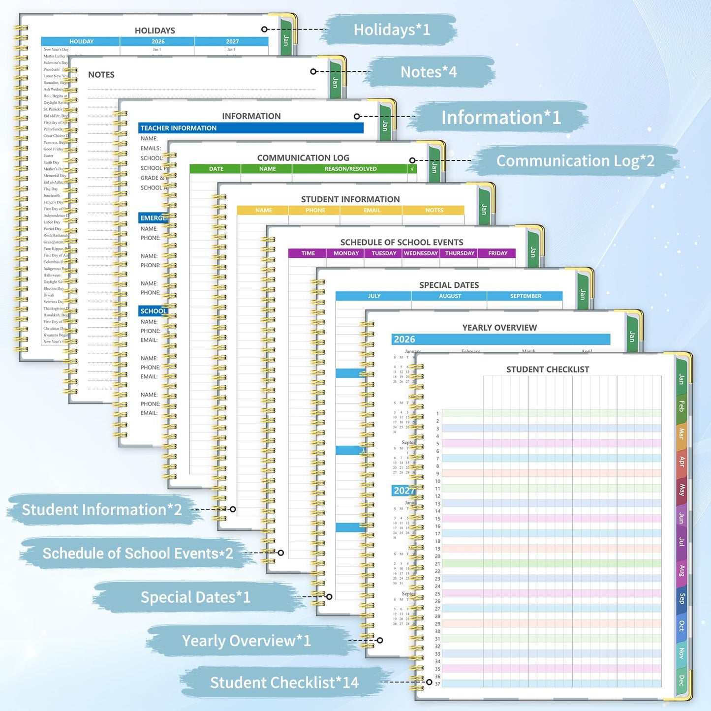Teacher Planner 2026-2027, Jul 2026-Jun 2027 Academic Year, 8.5" x 11" Lesson Planner Book for Teacher Calendar, Spiral Bound Planners, Planning Stickers, Colorful Monthly Tabs, BlueCheckered