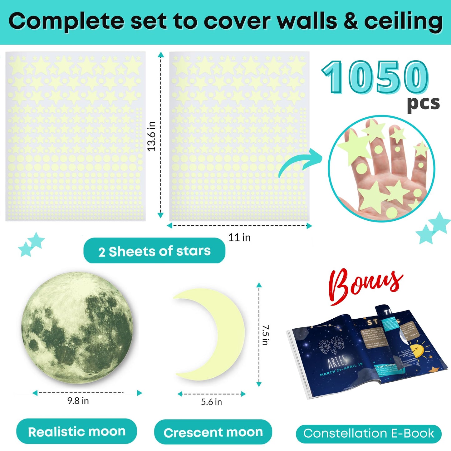 Glow in The Dark Stars for Ceiling - 1050 Pcs with Bonus Constellation E-Book & Moons | Glow in The Dark Stickers for Kids Room Decor Ceiling Stars (Blue) | LUMOSX