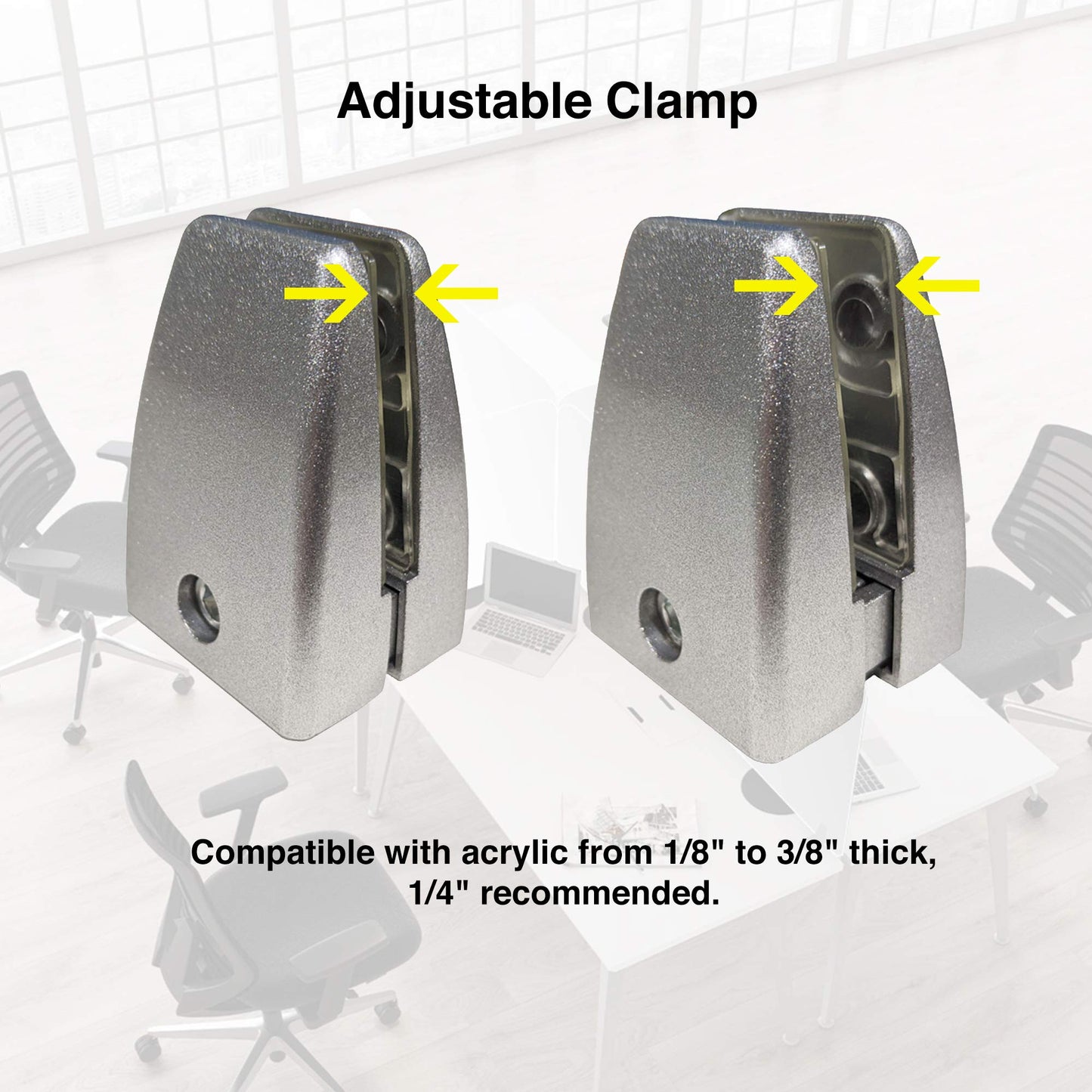 Precision-Milled Aluminum clamp Set for Office Privacy Panels. Includes Rubber-Grip Acrylic Standoff mounts and Adjustable Brackets. Ideal for Metal Shelf Support with Screws and Allen Wrench kit