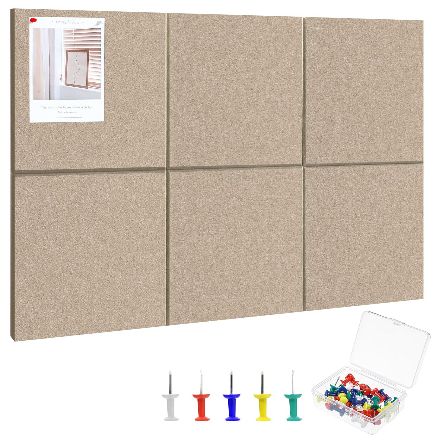 Large Cork Board 36" x 24", 6 Pack Felt Bulletin Board with 30 Pushpins, Cork Boards Alternative with Self-Adhesive Strips, Felt Wall Tiles Pin Boards for Walls Office Home School Decor-Tan