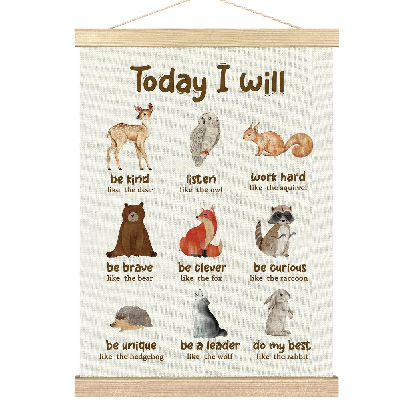 BCUANGD Positive Affirmations Wall Decor - Inspirational Woodland Animals Wall Art Poster Hanger with Wood Frames, Neutral Mental Health Wall Hanging Canvas Decor for Home Kids Room, 12x16 Inches