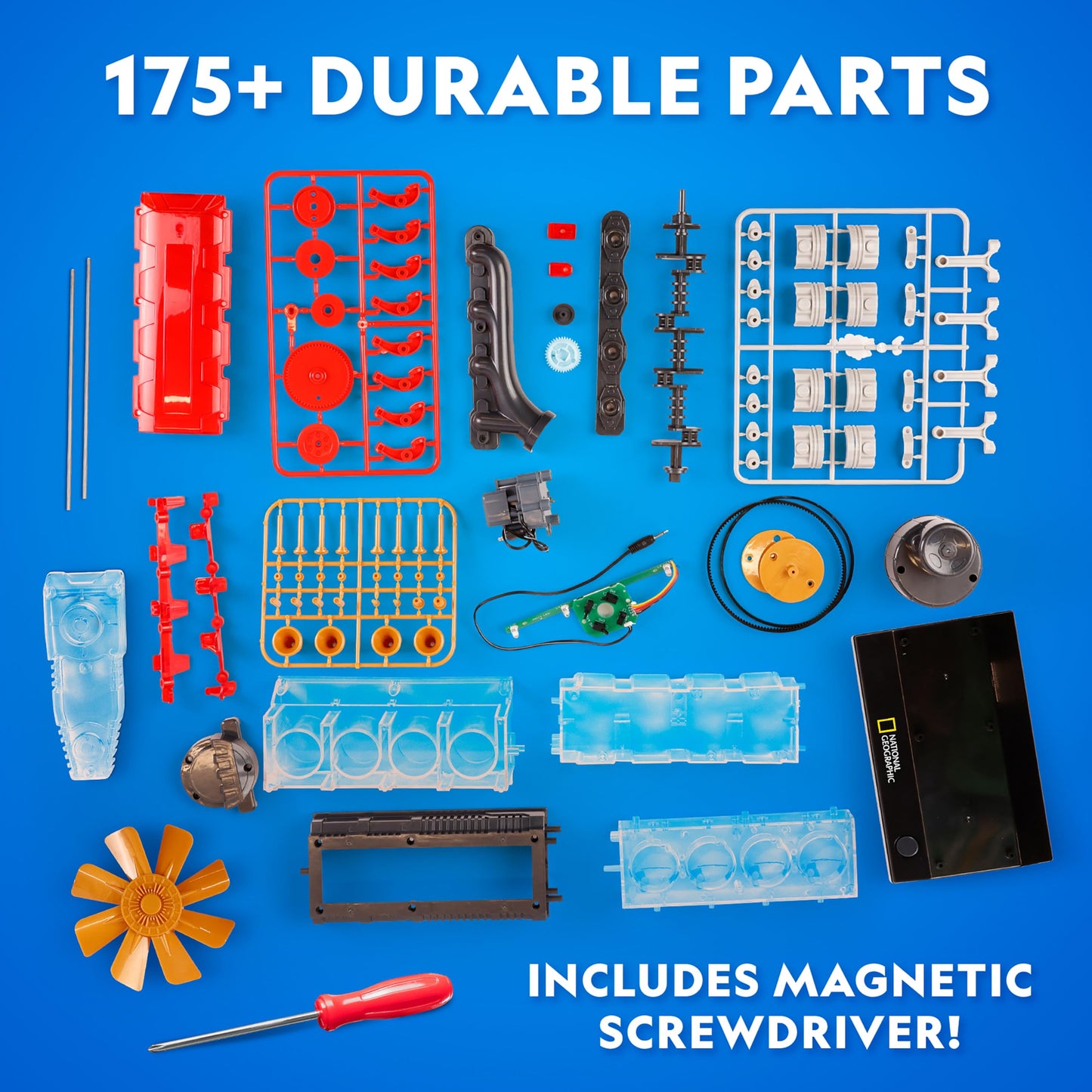 National Geographic 4-Cylinder Engine Building Kit – 175+ Piece Working Model with Moving Parts, Clear Visible Engine Model, STEM Building Toy with Tools & Learning Guide for Kids
