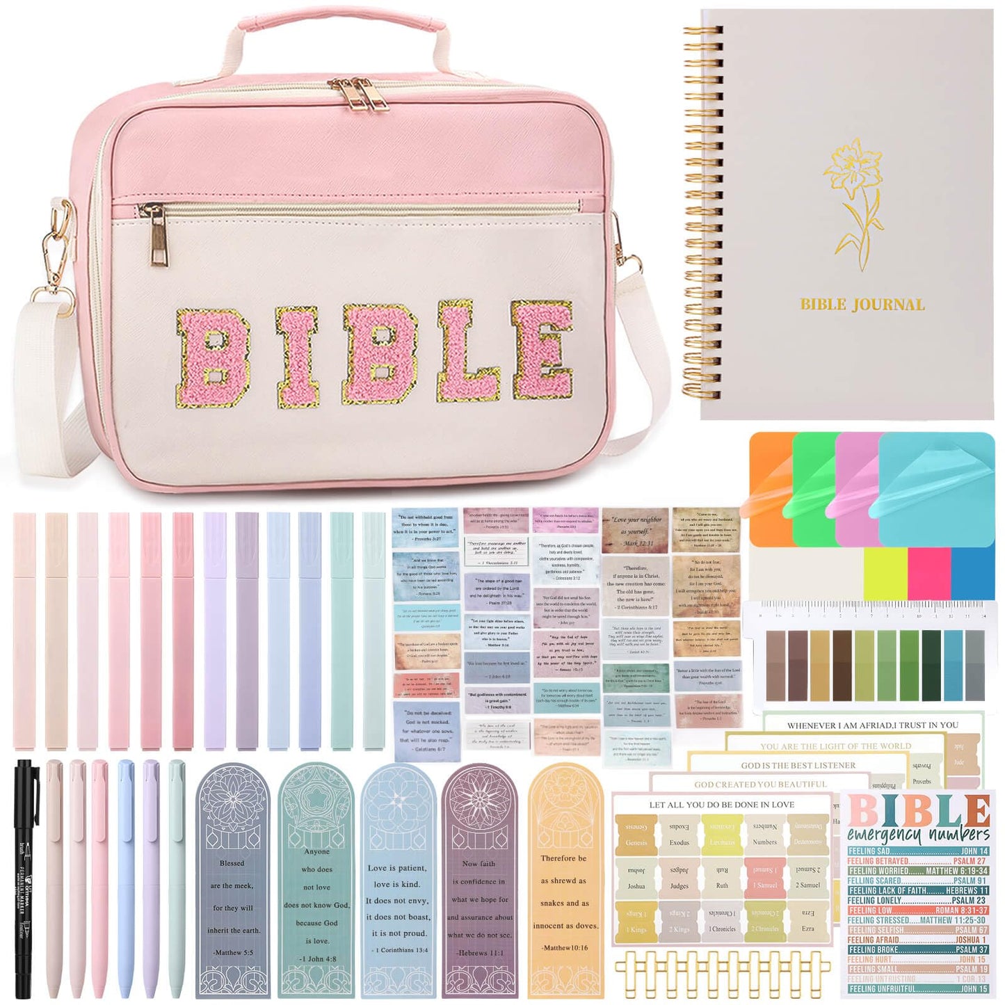 Flasoo All-in-One Bible Journaling Kit, Bible Study Supplies Include Bible Cover Case, Journal Notebook, Highlighters, Pens, Bible Verse Stickers, Tabs, Bookmarks for Christian Gift for Women