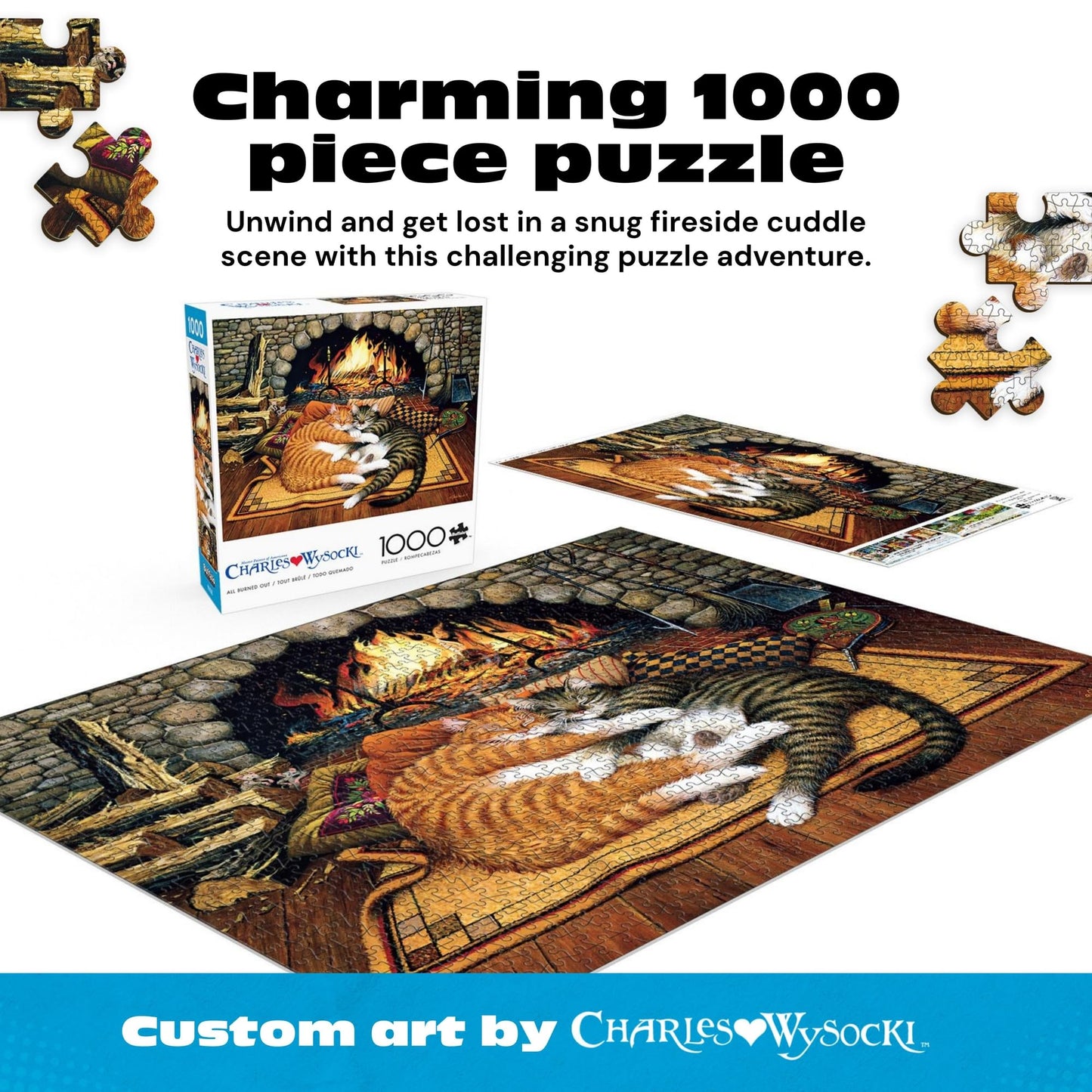 Buffalo Games Charles Wysocki - All Burned Out - 1000 Piece Jigsaw Puzzle, 26.75 x 19.75 in - 1000 Piece Puzzle for Adults - Relaxing Fireplace Scene - Bonus Poster