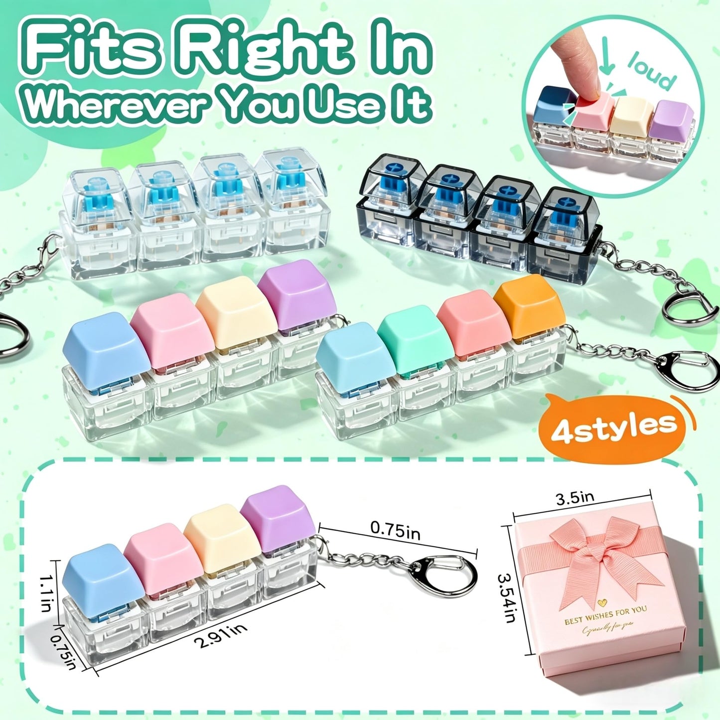 4-Pack Keyboard Fidget Toy,4-in-1 Clicky Stress Relief Fidget Keychain Set with 4 Unique Styles,Quiet Tactile Feedback Button Finger Clicker for Adults to Focus & Calm Anxiety Office Travel, Gift Box