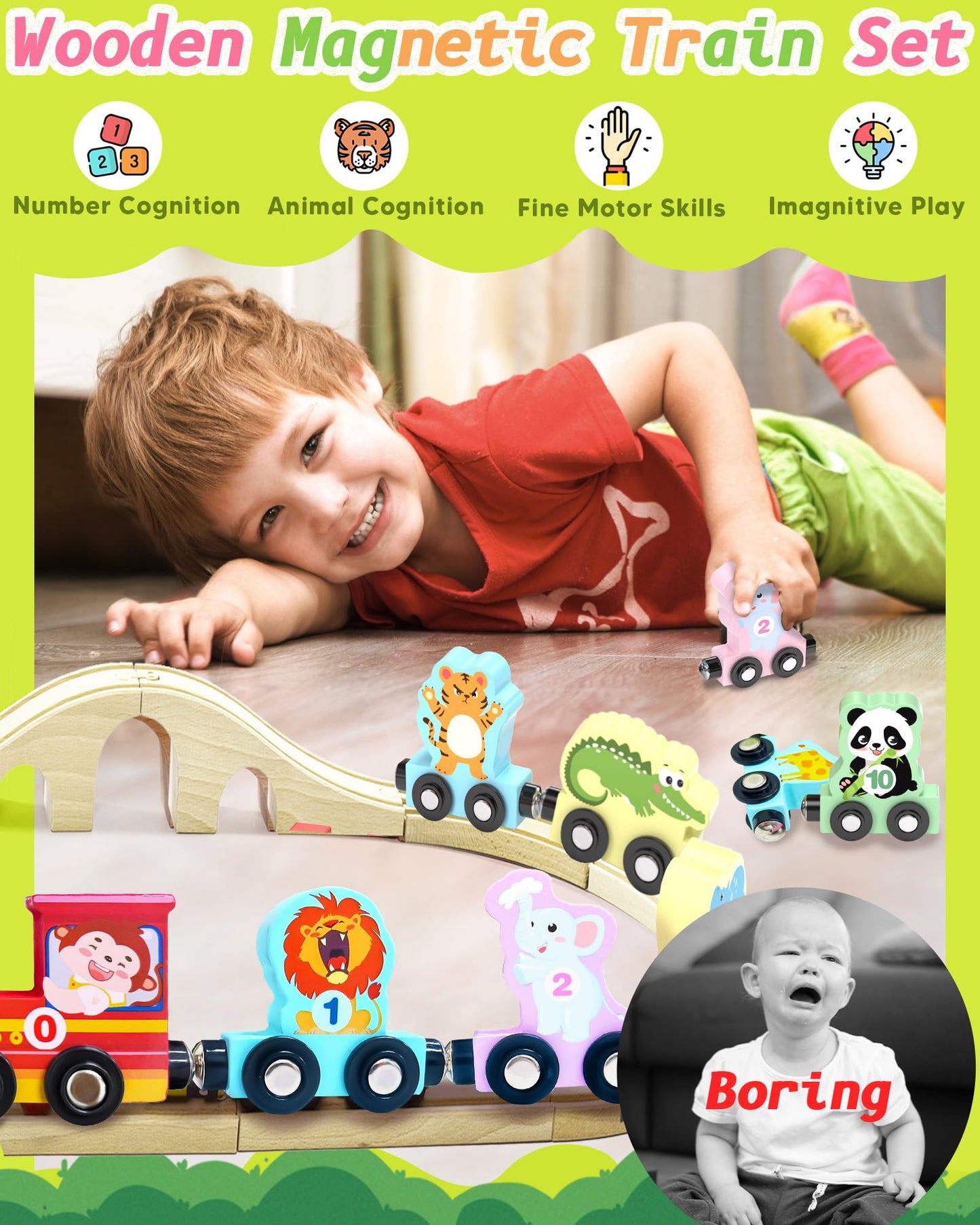 11 Pcs Magnetic Train Set Montessori Toys for 1 2 3 Years Old Toddlers Boys Girls, Wooden Animals Preschool Learning Activities Educational Sensory Toys Birthday Gifts Ages 1-3, 2-4