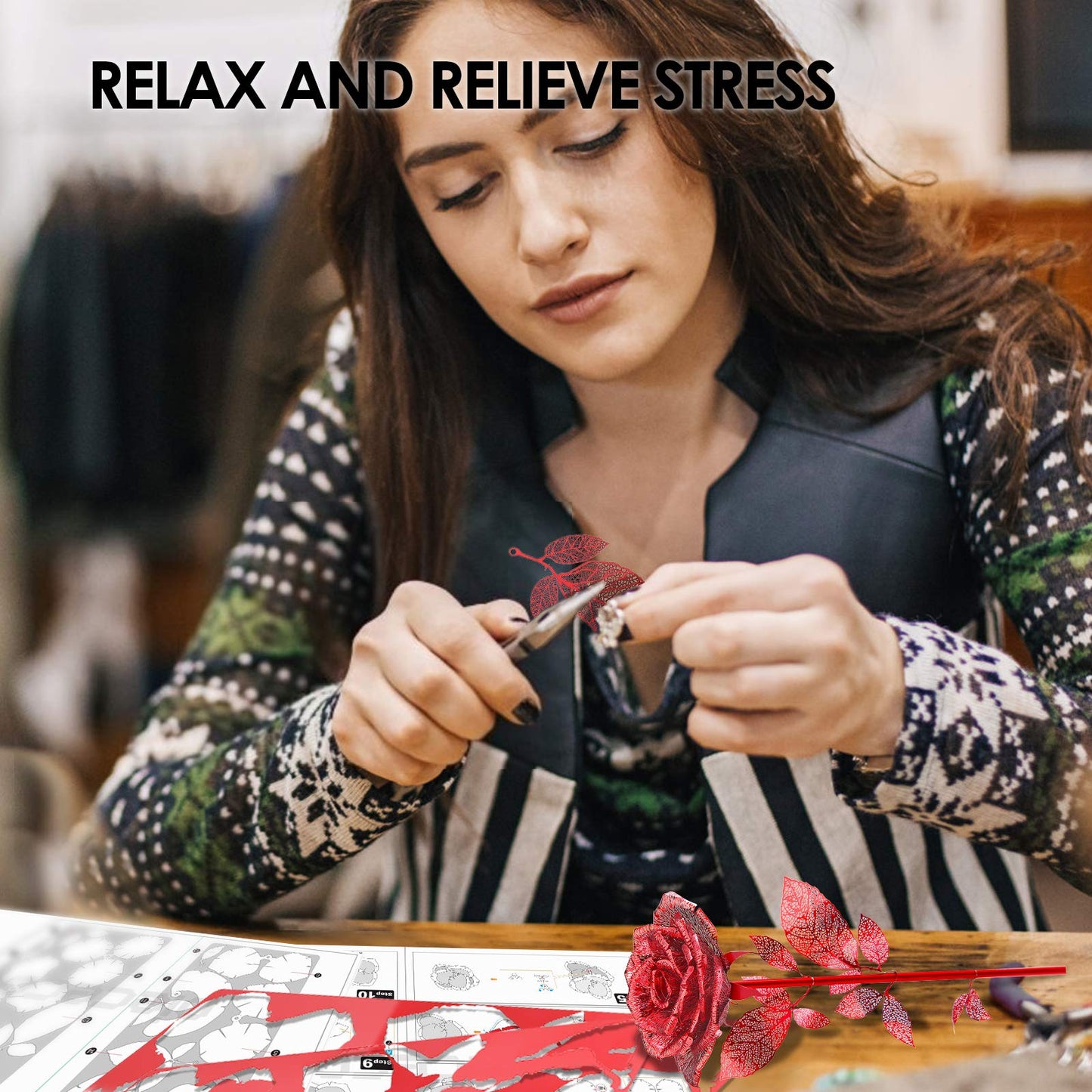 Piececool 3D Metal Puzzles Rose Flower Model Kits, Artificial Fake Flowers Metal Building Kit DIY 3D Puzzle for Adults, for Father Mothers Valentines Day, 15Pcs