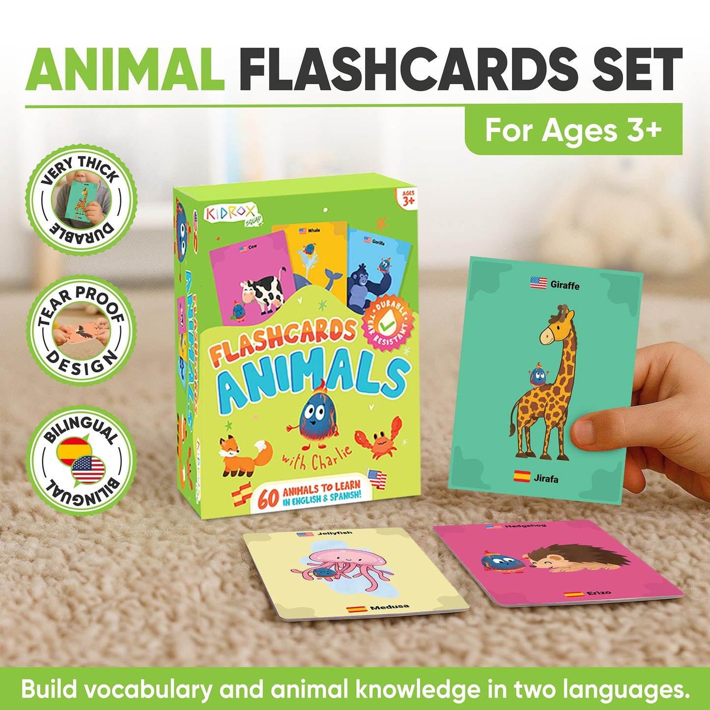 Kidrox Animals Flash Cards, English Learning Cards with Spanish Translations Included, Indestructible Double-Sided, 30 Cards