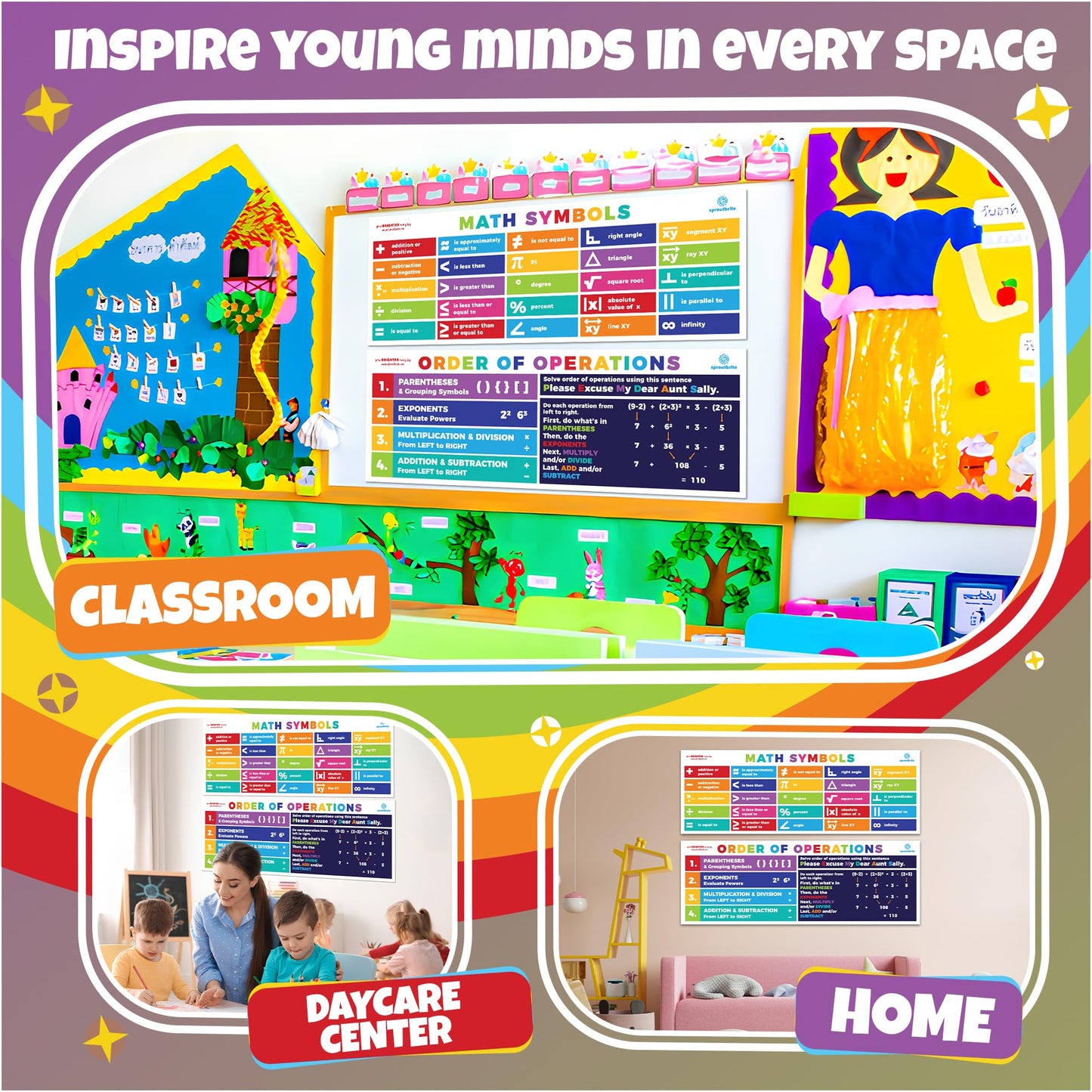 Sproutbrite 2 Pack (13.5"x39") Count Educational Math Posters for Classroom - PEMDAS Large Math Posters for Middle School Math Banner for High school - Includes Math Symbols Pi, Angle and Square Root Helping Students Understand Core Mathematical Symbols