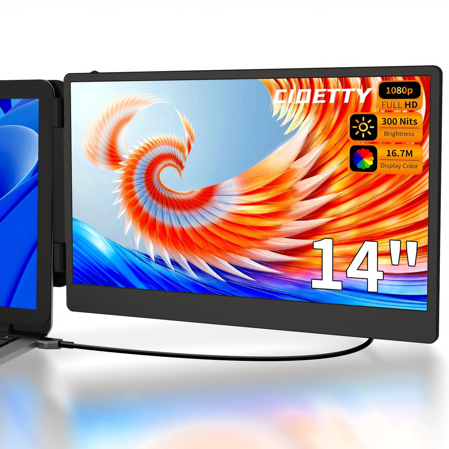 CIDETTY Laptop Screen Extender, 14" Dual Portable Monitor FHD 1080P IPS, USB-C/HDMI Plug & Play Travel Screen for 13-17" Laptops, Compatible with Wins/Mac/Chrome/Switch/Android