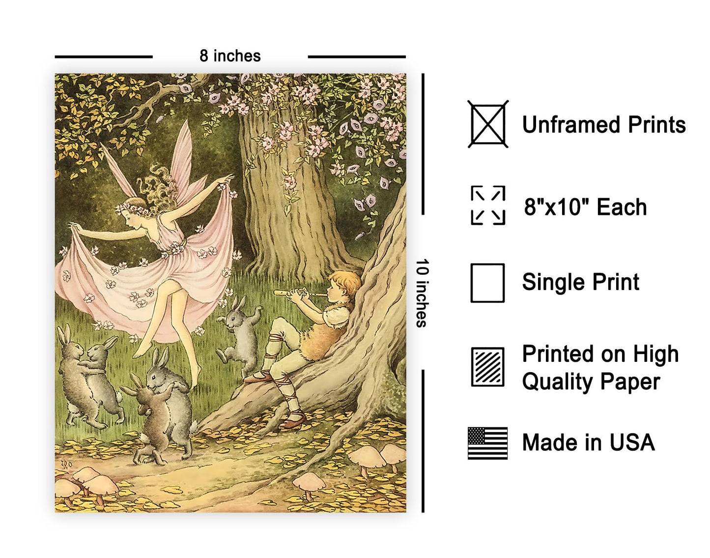 Poster Master Vintage Fairy Dancing In The Forest With Rabbits And Piper Poster - Fairytale Print - Mythical Art - Fairy Art - Aesthetic Creation - Living Room or Bedroom Design - 8x10 UNFRAMED Wall Display