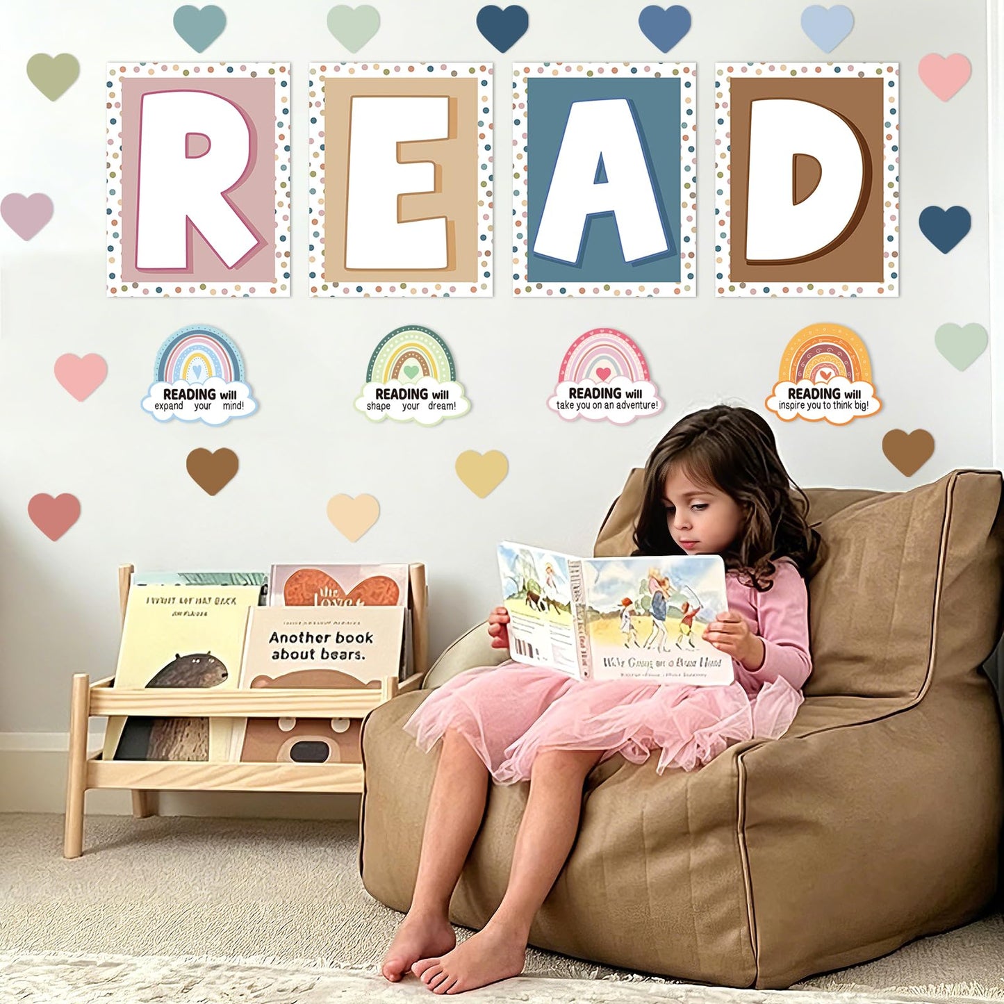 32Pcs Boho Classroom Decor Boho Reading Posters with READ Sign Rainbow Love Heart Bulletin Board Decorations Reading Corner Decor for Classroom Wall Door Kindergarten Elementary and Middle School
