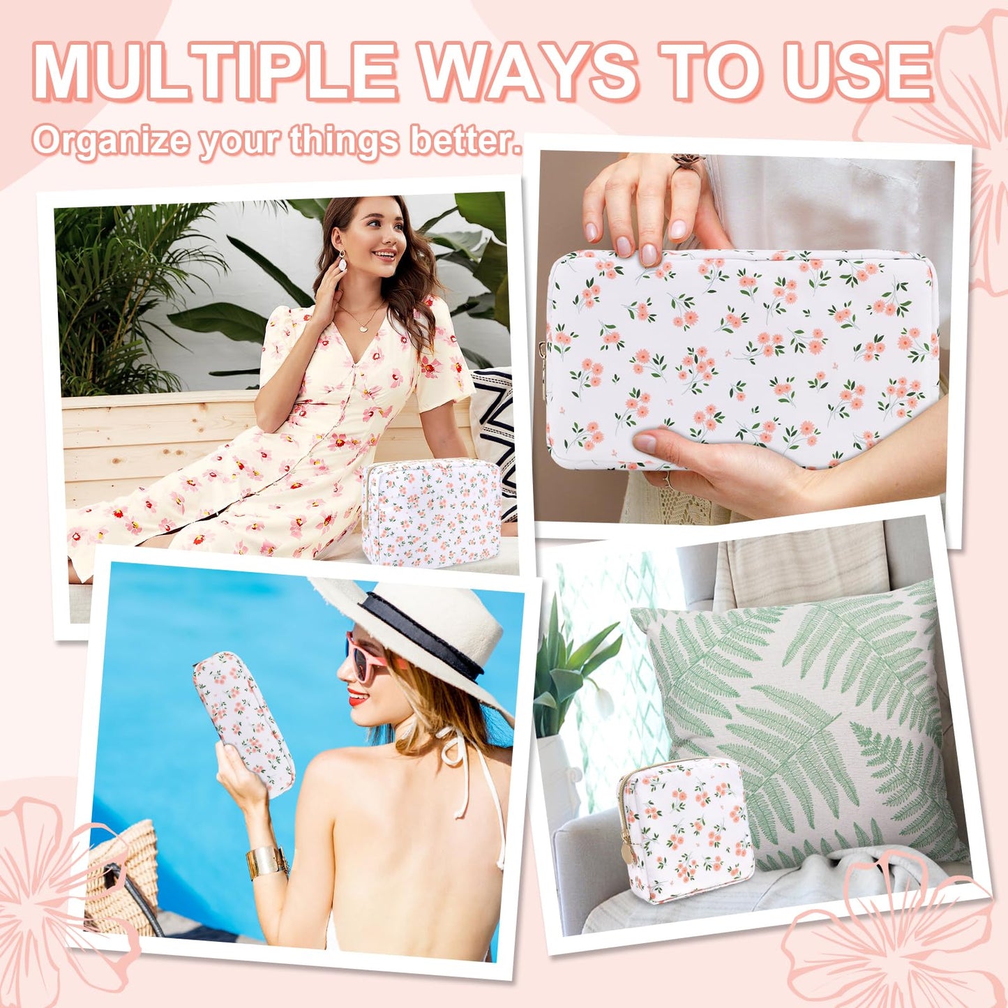 UIXIZQ Waterproof Large Floral Makeup Pouch,Nylon Travel Toiletry Storage Purse Preppy Cosmetic Bag for Women Girl,Large Capacity Makeup Organizer Zipper Pouch for Work(L White-Flowers)
