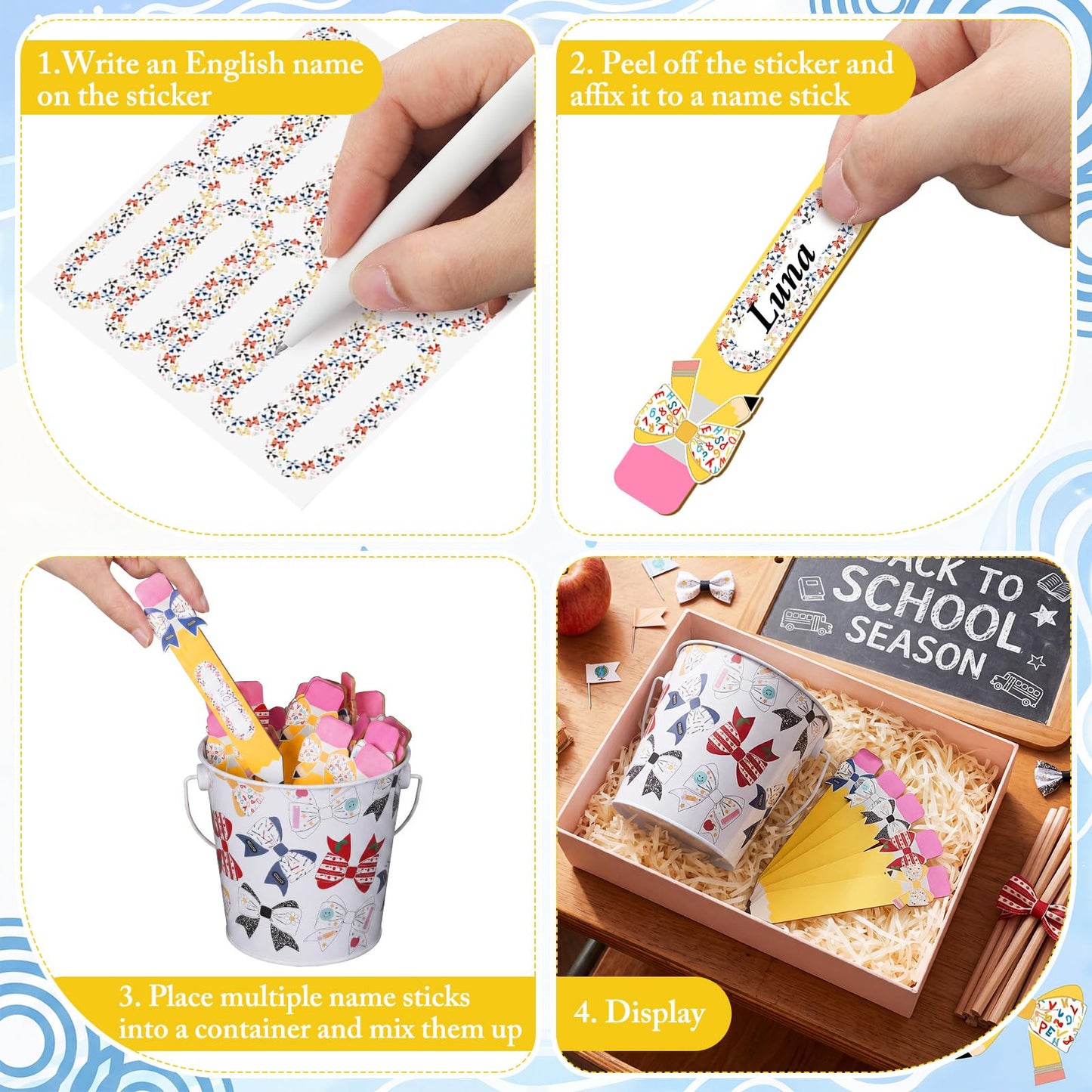 ReliThick 101 Pcs Pencil Bow Flip Name Sticks with Metal Buckets Back to School Talking Sticks with Metal Holder Set for Classroom Management Tool Teacher Essentials Educational Activities