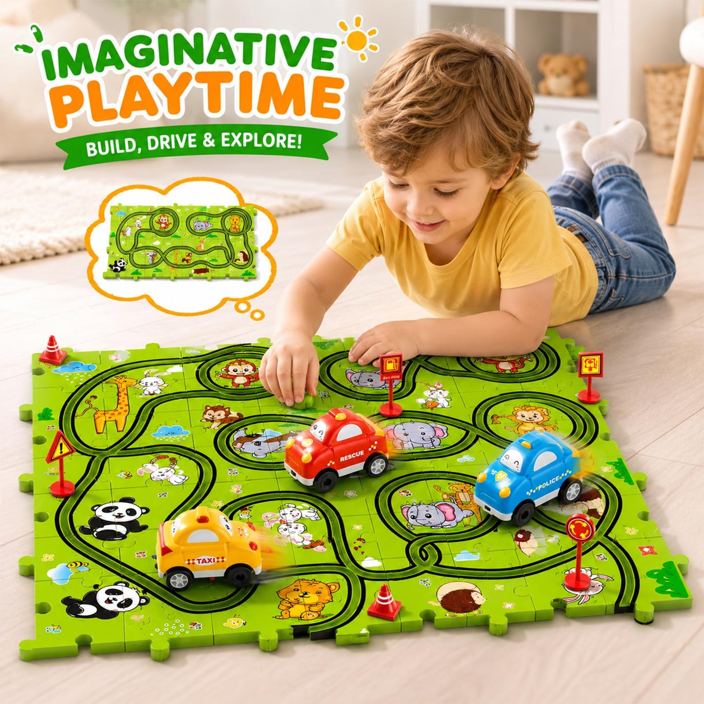 Beby Buty 64PCS Puzzle Race Track Car Set for Kids Boys, Floor Puzzle Tracks Car Toys for Boys Girls Ages 3-5 4-6, Toddler Toys Gifts for 3 4 5 Year Old, Ideal 3 4 5 6 Year Old Birthday Gifts