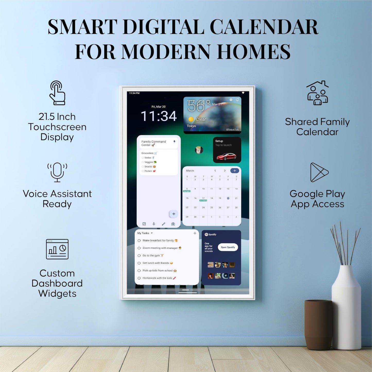 Mazera 21.5" Smart Family Hub & Digital Calendar - Electronic Wall Planner, Touchscreen Family Dashboard, Shared Calendar, No Subscription, Install Apps, Sync Schedules, Meal Planner, To Do Lists, Wall Mount & Stand