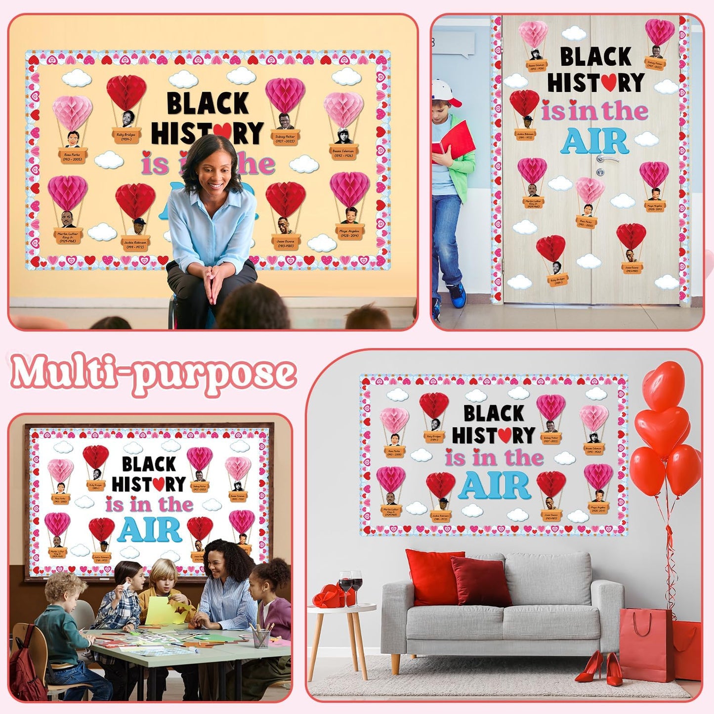 3D Valentine's Day Black History Month Bulletin Board Set Heart Shaped Honeycomb Balls Famous African American Classroom Decoration Inspirational Cutouts for School Home Chalkboard Wall Decor Supplies