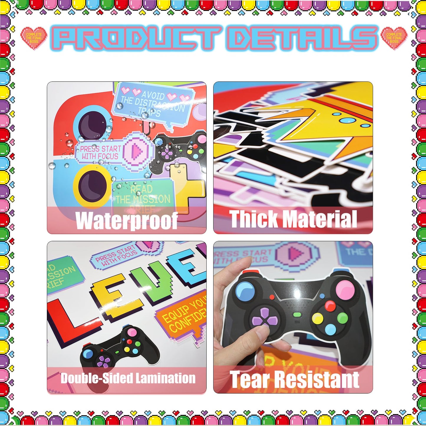 Video Game Growth Mindset Bulletin Board Decorations Set with Borders Level up Motivational Cutouts Decor for Teachers Back to School Bulletin Board for Class School Classroom Chalkboard Wall Decor