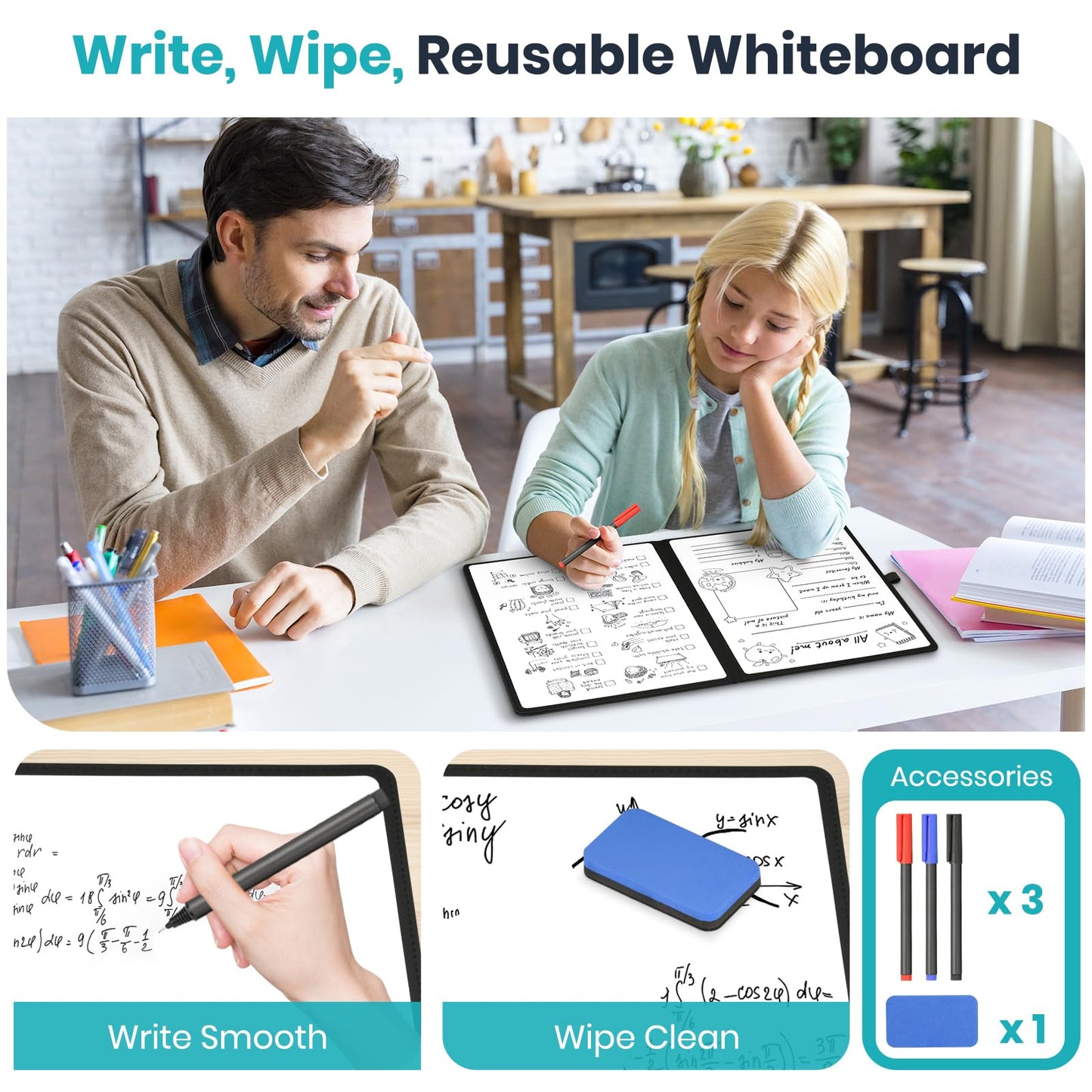 WALGLASS Double-Sided Small White Board Dry Erase, 12'' x 9'' Portable Reusable Whiteboard Notebook, Foldable Mini Handheld Board for Student Practice, Home, School, Office, Travel - Black PU Leather