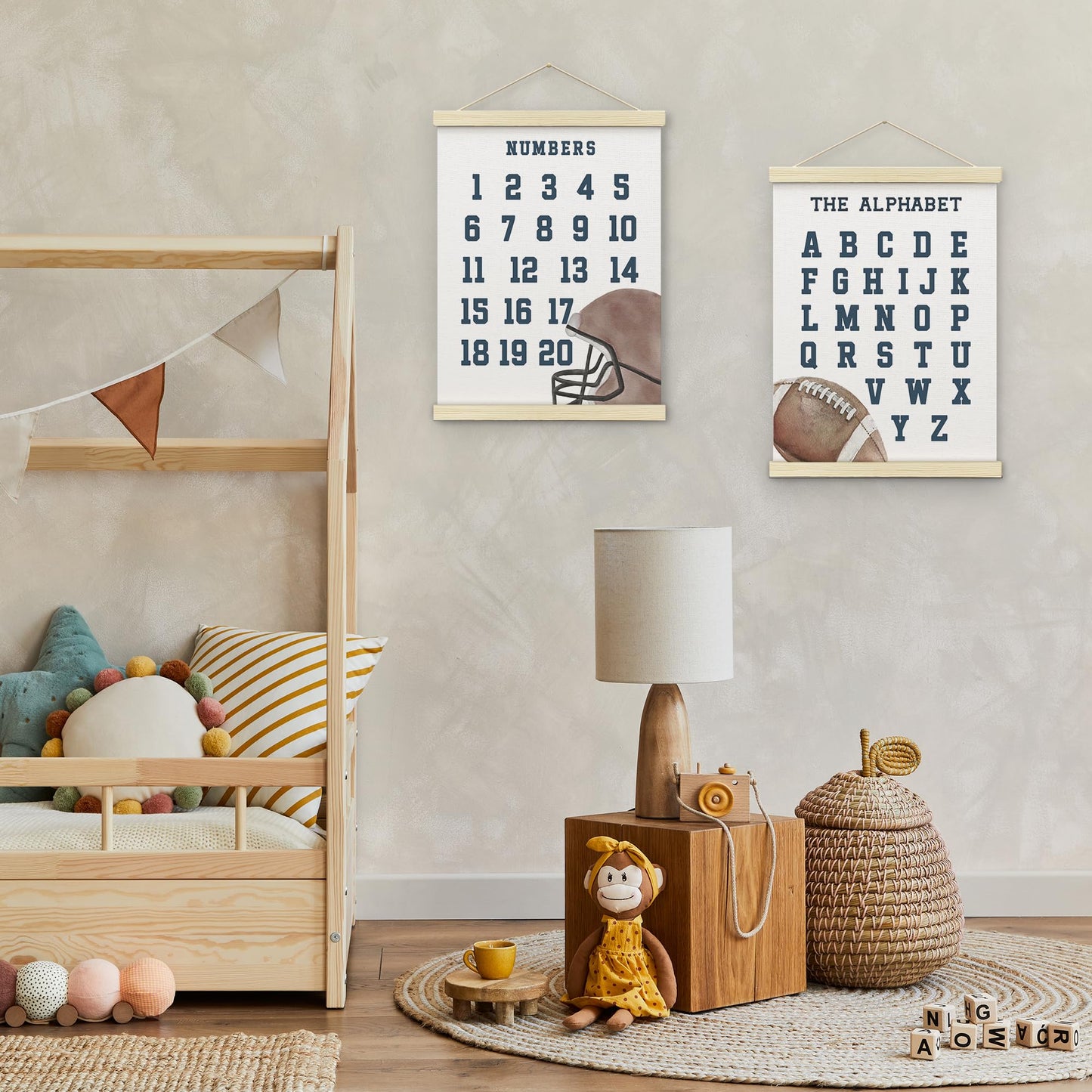 BONETAT Numbers alphabet poster for Nursery Toddlers, Play Room Wall Decor, ABC Wall Chart, Wall Hanging Decor for Toddler Playroom Decor Kids Wall Decor, Wooden Frame Alphabet Banner-A01