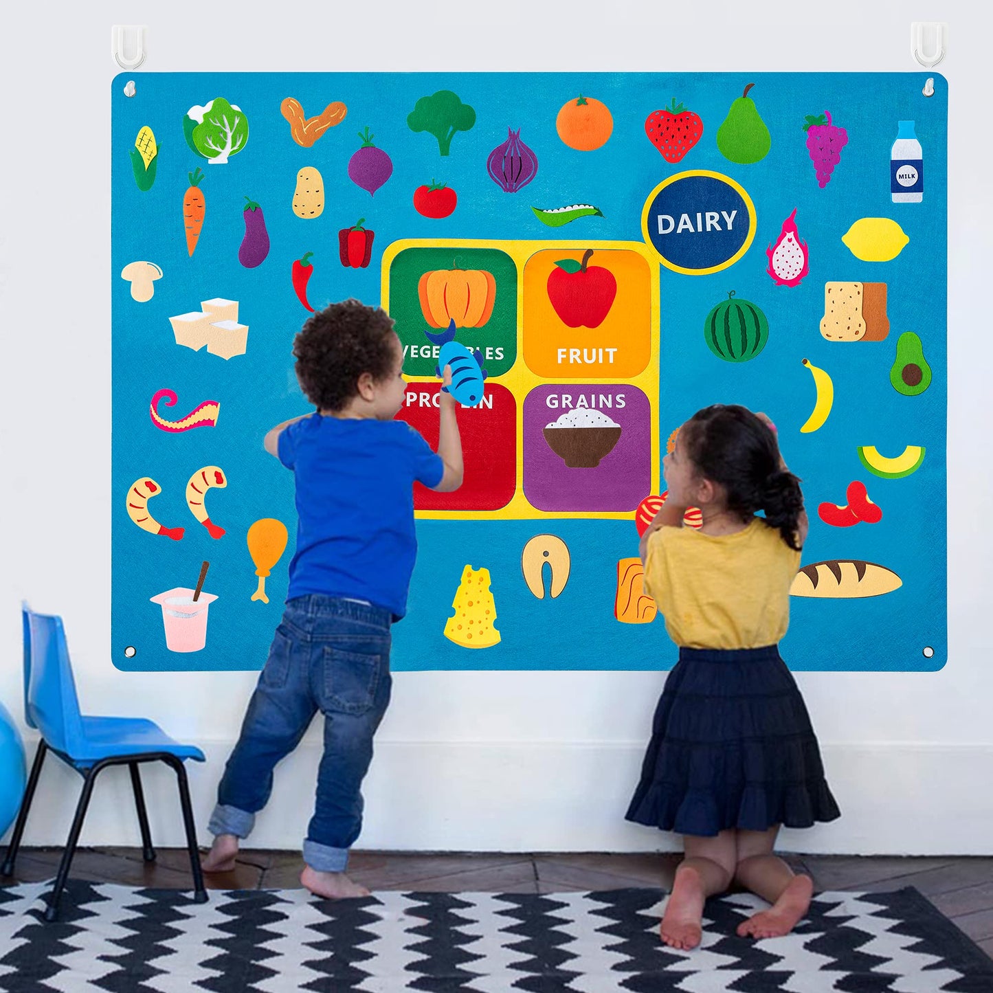 WATINC My Plate Felt Board for Kids - 3.5Ft Large 53Pcs Food Groups Learning Toy Set, Healthy Eating Flannel Board Preschool Educational with Fruits Vegetables Grains Protein for Classroom Homeschool