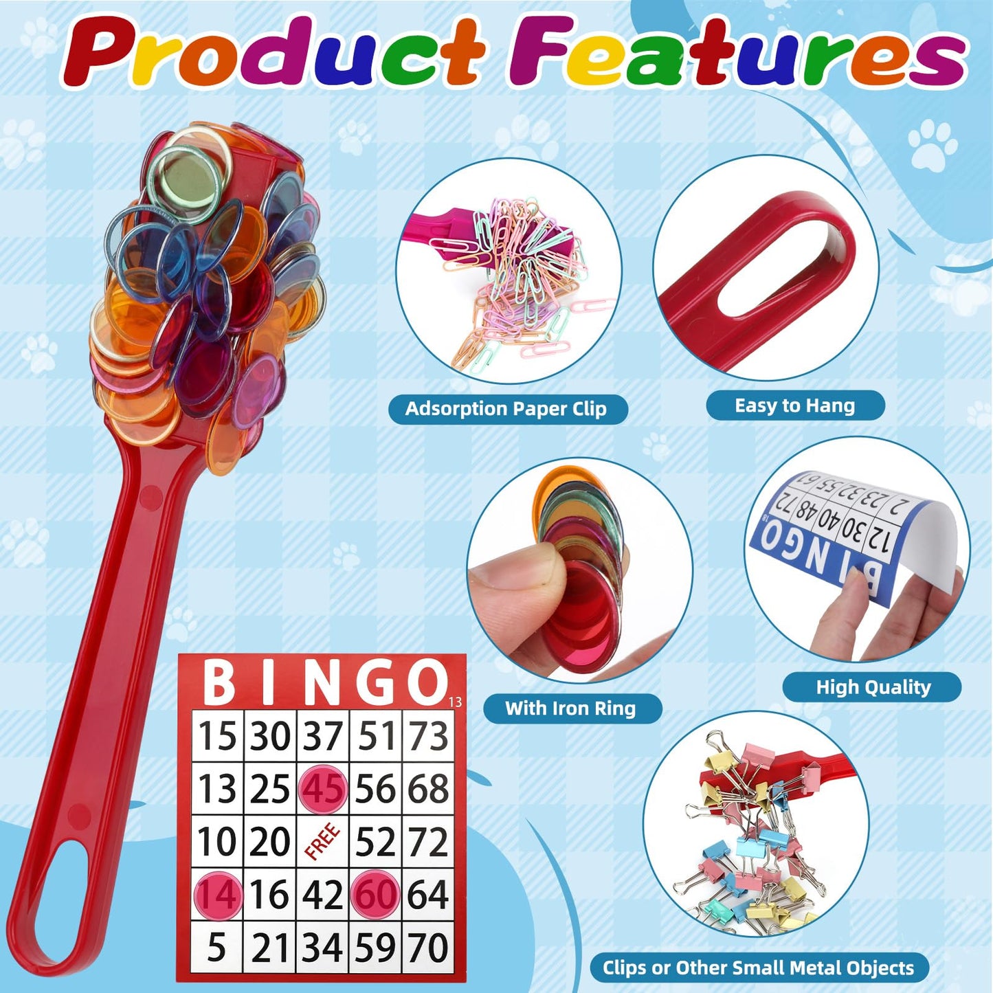 Coopay Magnetic Bingo Wand Chip and Game Card Set - 7 Pack Magnetic Wands, 350 Colorful Metal Chips, 70 Bingo Paper Cards for Kids Classroom Science Learning Counting Family Game Night Educational
