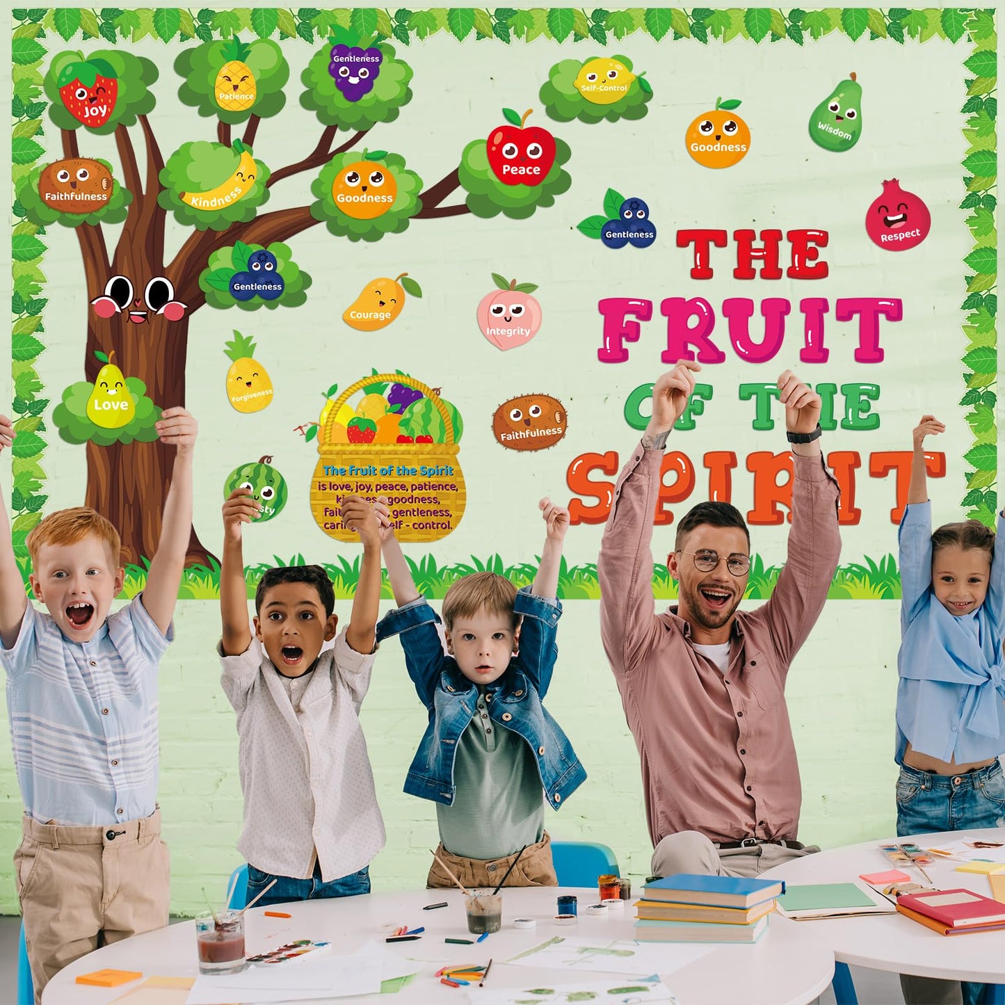 Fruit of The Spirit Bulletin Board Set Christian Classroom Decoration Religious Paper Cutouts Bibles Bulletin Board Border for Church Sunday Back to School Chalkboard Wall Decor Teacher Supplies