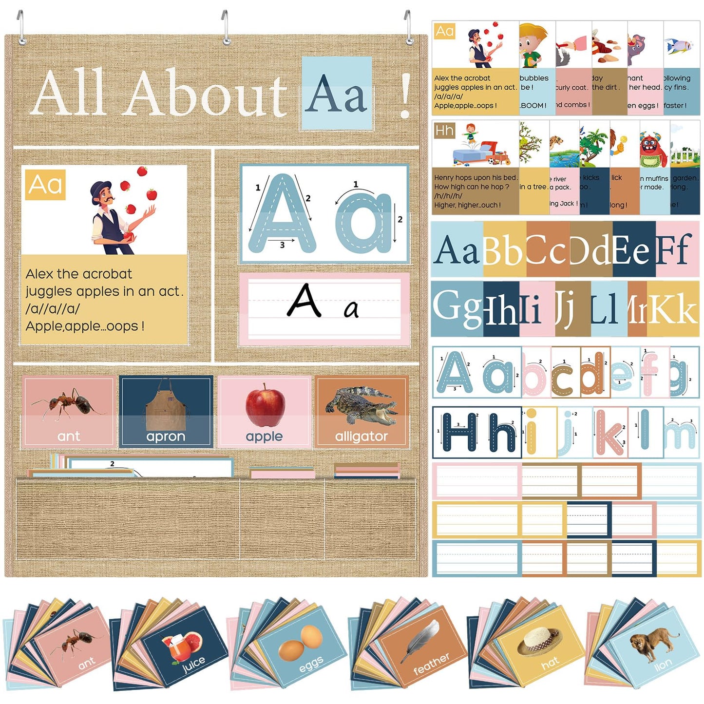 Blosssound 34 x 27 All About Letter Pocket Chart 103 ABC Flash Cards Letter of The Day Week Chart Alphabet Tracing Educational Wall Poster Teachers Homeschool Learning Activities(Brown)