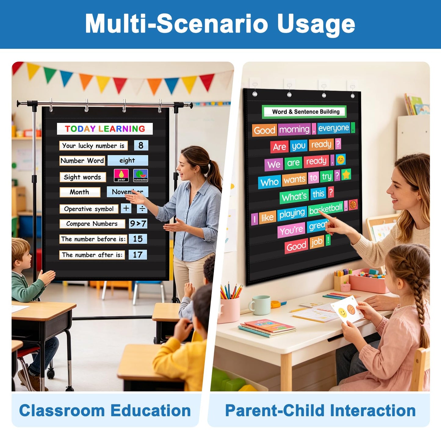 AUVCAS Standard Pocket Chart for Classroom & Homeschool, Heavy Duty Hanging 10-Pocket Chart for Word Wall/Letter Cards/Sentence Strips, Teacher Supplies, 43" H x 28" W, Black