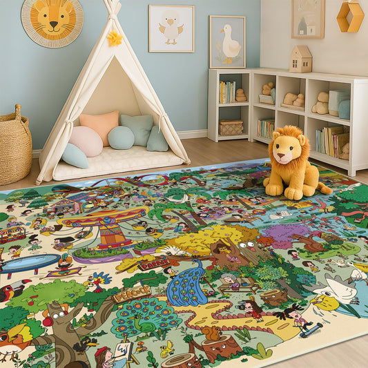 Whimsical Jungle Rug 6x9 for Kids Playroom – Cute Colorful Animal Safari Map, Forest & Playground Scene – Perfect for Classrooms, Darecare, Pre-School or Play Corners