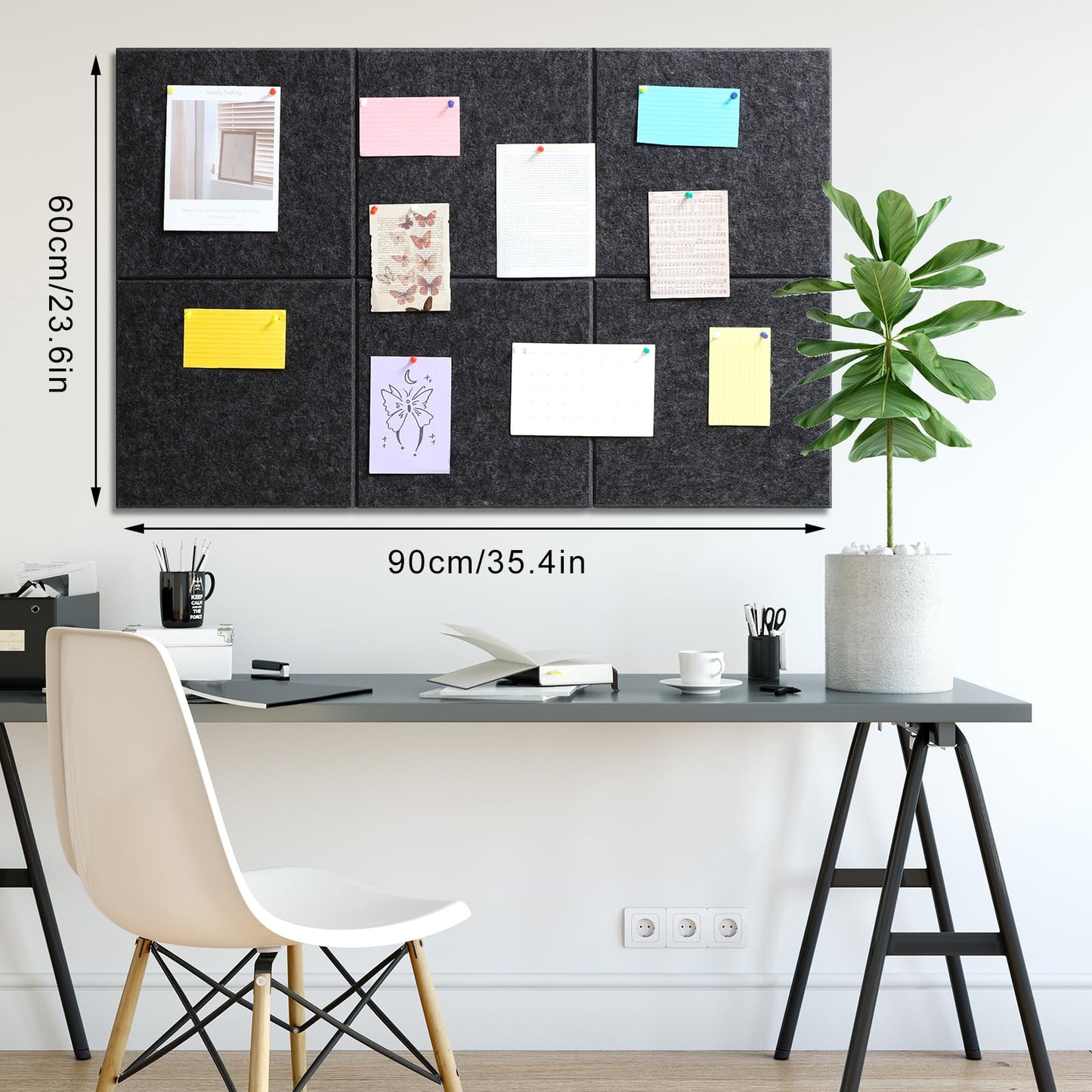 Large Cork Board 36" x 24", 6 Pack Felt Bulletin Board with 30 Pushpins, Cork Boards Alternative with Self-Adhesive Strips, Felt Wall Tiles Pin Boards for Walls Office Home School Decor-Dark Gray