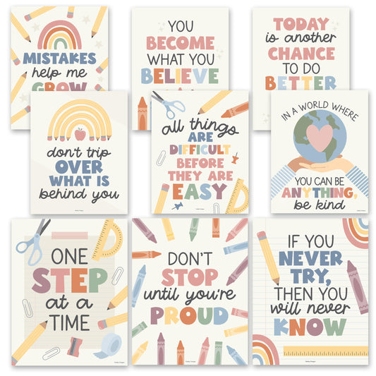 Hadley Designs Motivational Poster for Classroom Decor - 9 Growth Mindset Classroom Posters Elementary, Inspirational Wall Decor Middle School, Teacher Must Haves, Boho Bulletin Board Decorations