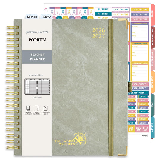 POPRUN Teacher Planner 2026-2027, Letter Size 8.5"x 11", Weekly and Monthly Lesson Calendar, July 2026-June 2027 Academic Agenda Book, 7 Period Lesson Plan Organizer Book - Olive Green