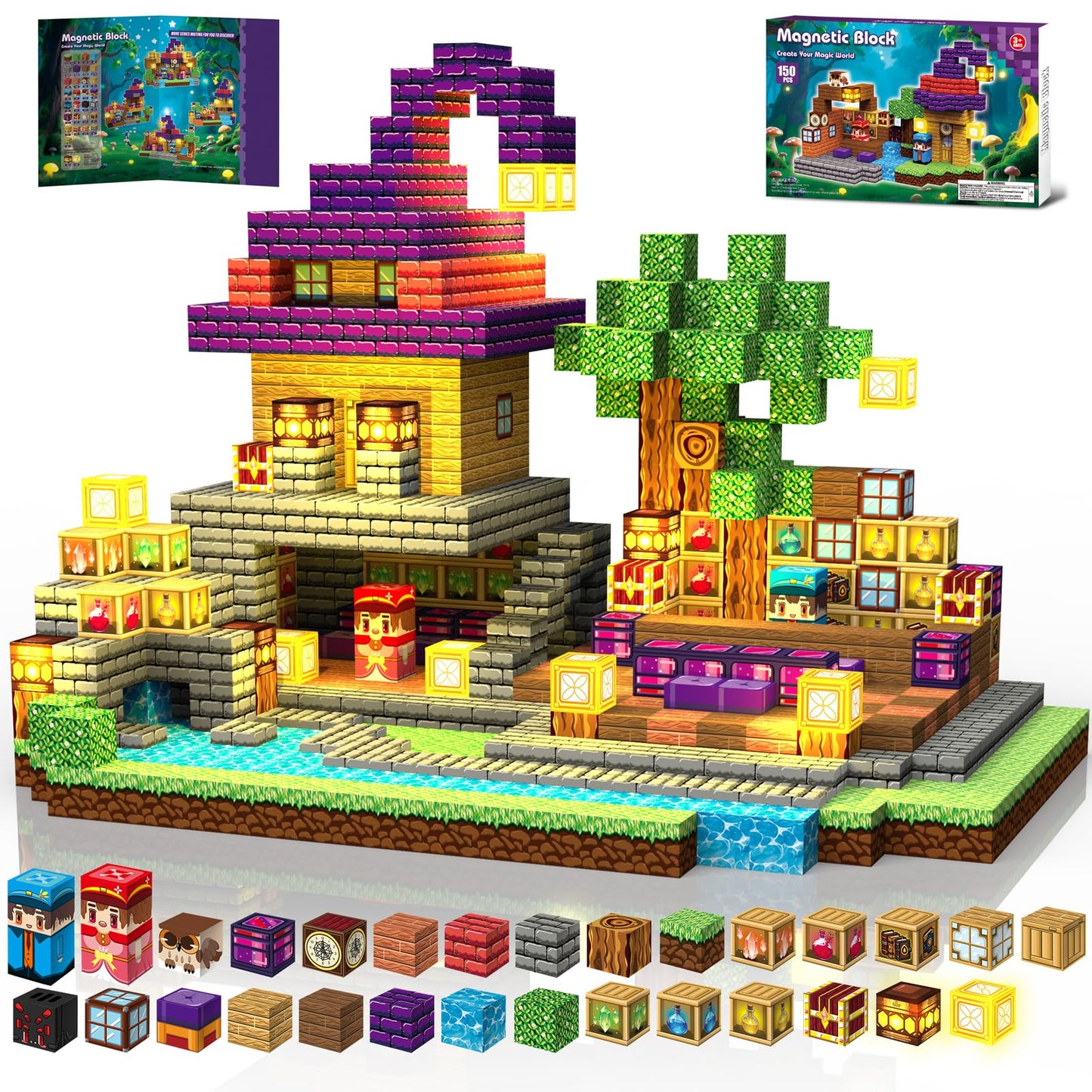 Gryxpox 150pcs Magnetic Blocks - Magnetic School Castle Set with Light Up Blocks - Kids Classroom Sensory Toy for Toddlers STEM, Construction Stacking Toy Kids 3+ Boys Girls Christmas Birthday Gifts