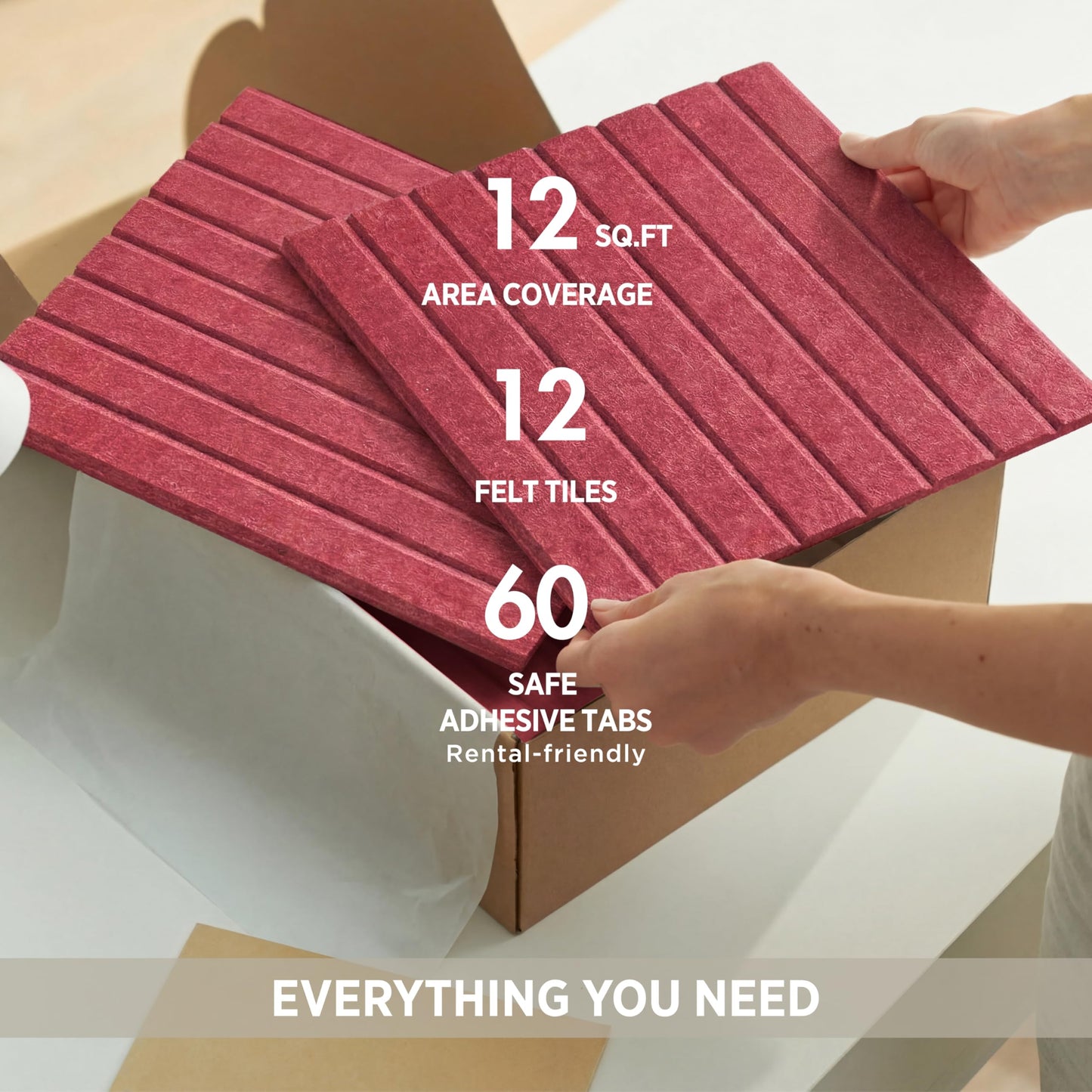 VIVELDA Felt Bulletin Board Tiles 48"x36" - 12-Pack Cork Board Alternative, Oeko-TEX Certified, NRC 0.95 Acoustic Wall Panels, Damage-Free Adhesive, Slatted Design, Home Office & Classroom (Burgundy)