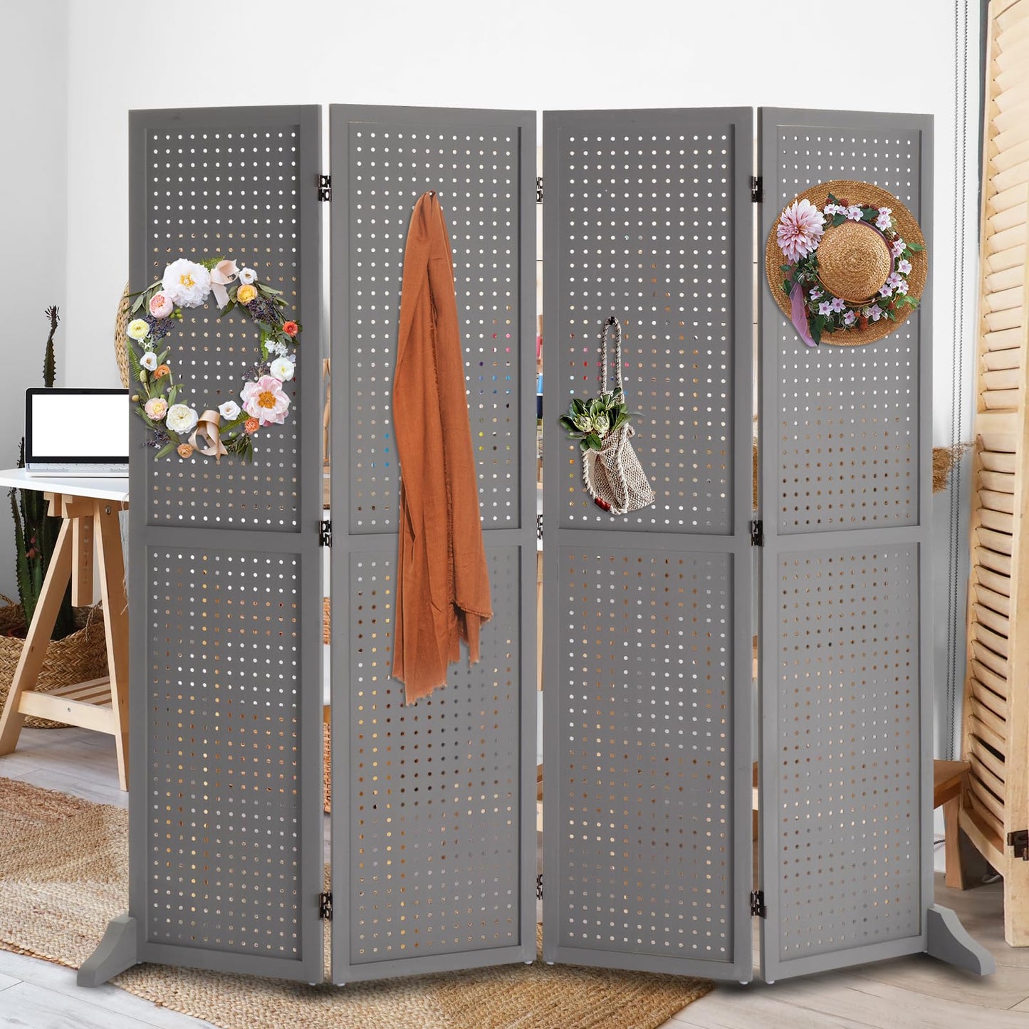 Bonnlo 4 Panel Pegboard Freestanding, 5 FT Portable Display Board Organizer for Craft Show Jewelry, Wooden Folding Privacy Screen Room Divider (with Base, Grey)