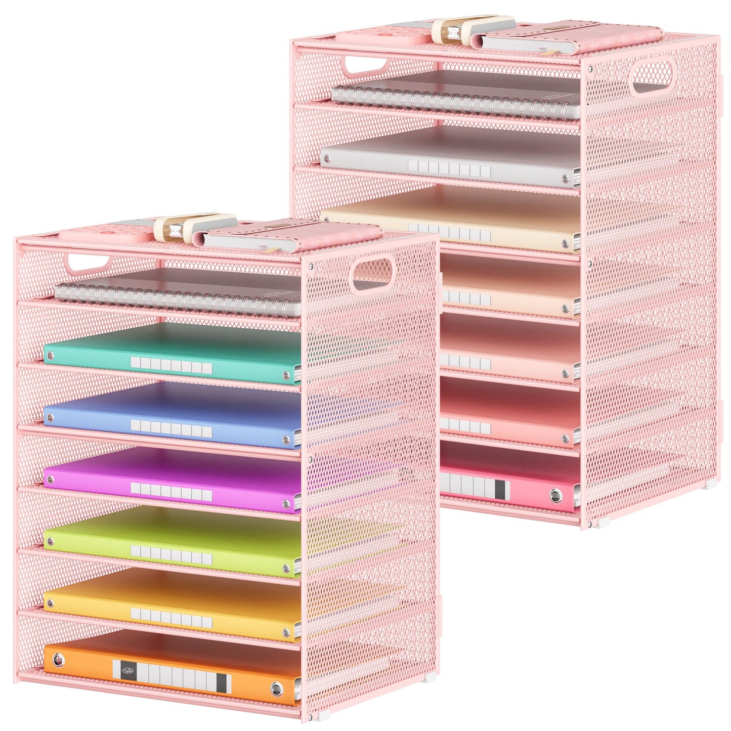 Lavatino 2 Pack 8-Tier Office Desk File Organizer, Letter Tray Paper Organizer with Handle, Including 5 Adjustable Slide Trays for Organizing Desk Workspace Accessories and Supplies (Pink Mesh)