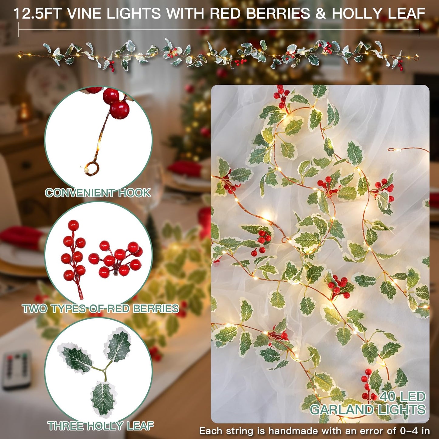 suddus 40 LED Battery Powered Christmas Fairy Lights, 12.5ft Vine String with Red Berries & Holly Leaf, Ideal for Xmas Decor