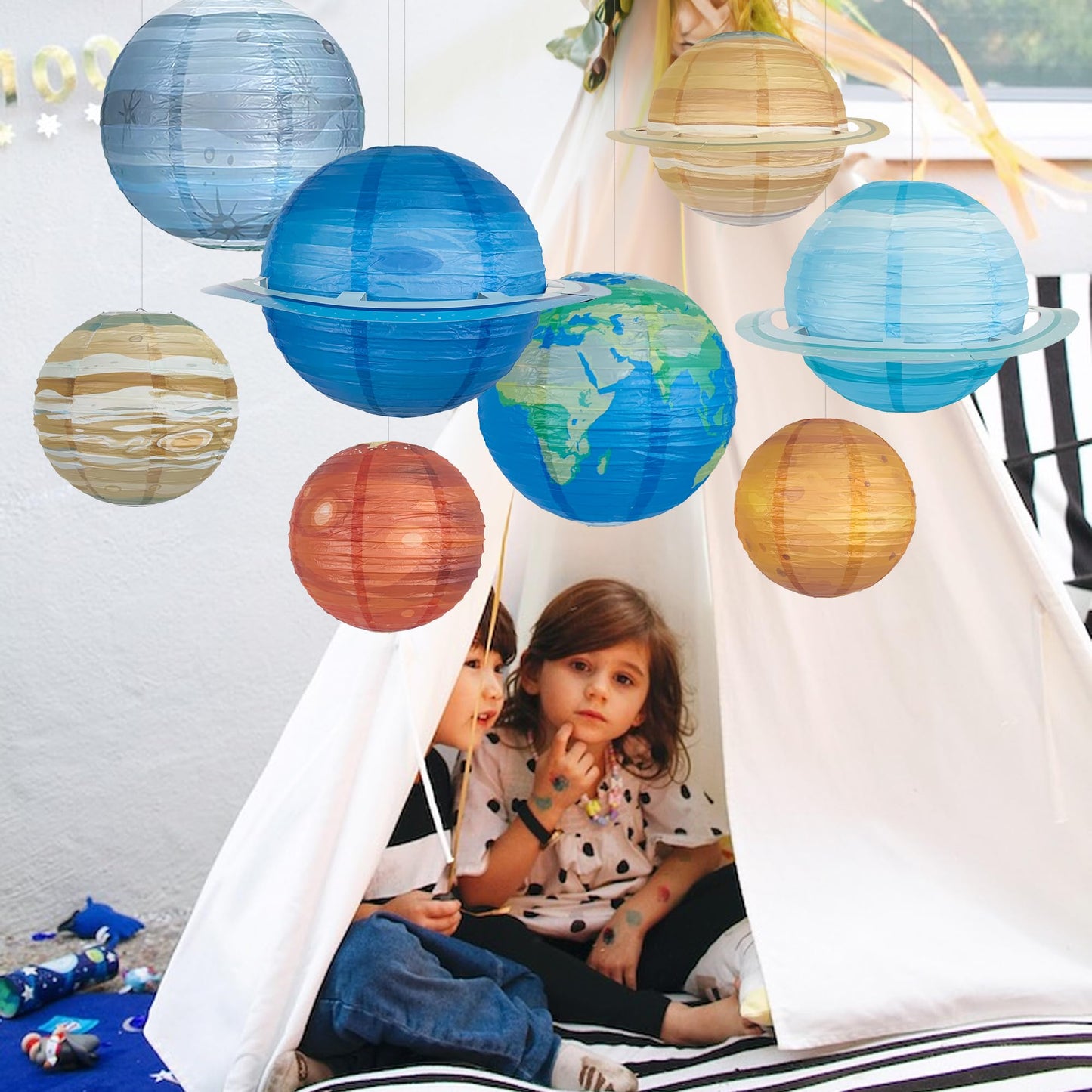 8 PCS Planet Paper Lanterns Outer Space Party Decorations Solar System Planets Hanging Lantern for Kids Space Theme Party Birthday Room Classroom Decorations