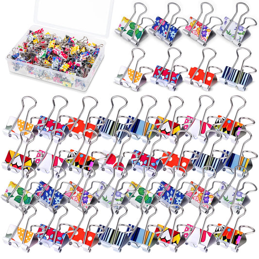Humyoun 200 Pcs Cute Binder Clips with Box 0.75inch Colorful Office Clips Medium Floral Printing Clamps Decorative Binder for Paper Teachers Students School Office Business Paperwork Supplies