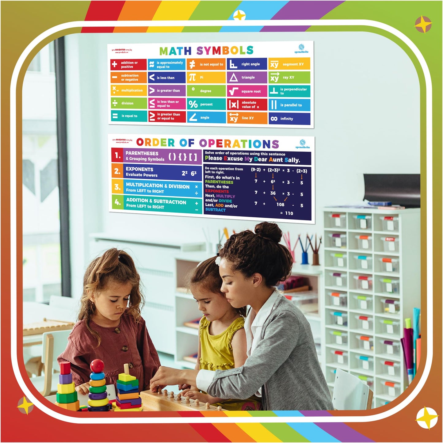 Sproutbrite 2 Pack (13.5"x39") Count Educational Math Posters for Classroom - PEMDAS Large Math Posters for Middle School Math Banner for High school - Includes Math Symbols Pi, Angle and Square Root Helping Students Understand Core Mathematical Symbols