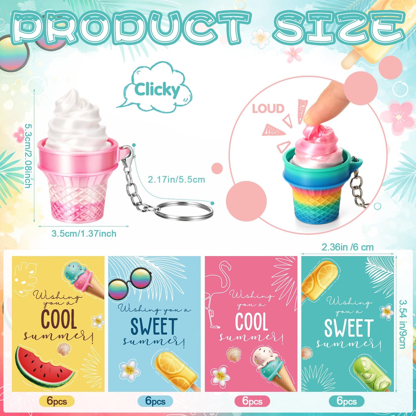 Junkin 24 Sets Ice Cream 3D Clicker Fidget Keychain with Inspirational Cards – Stress Relief Party Favors Bulk Graduation Gifts for Adults Graduates Coworkers Summer Ice Cream Party Favors